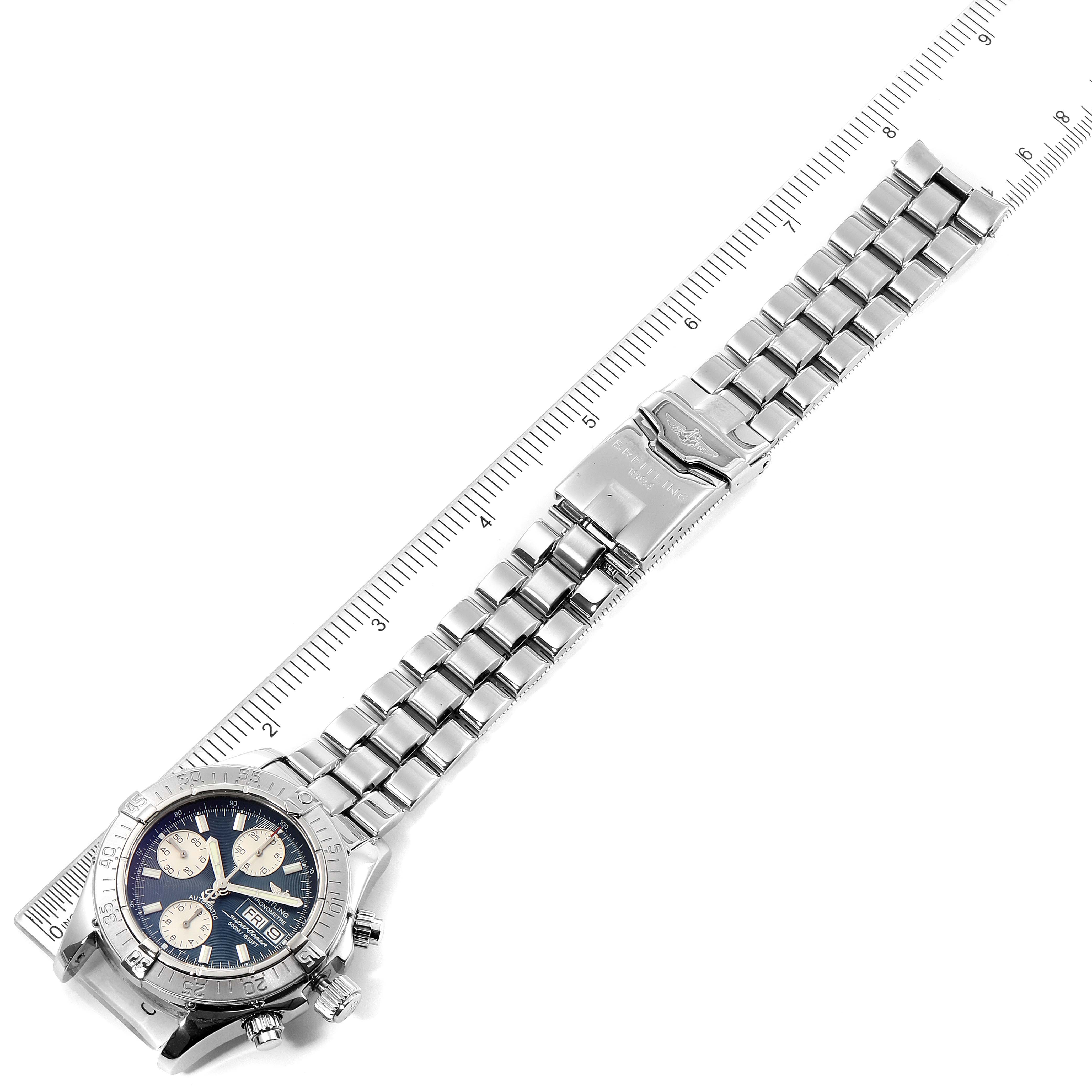 The image shows a Breitling Superocean A13340 Men's Stainless Steel Blue Dial A13340 Men's Stainless Steel Blue Dial watch laid flat with a metal bracelet and a ruler for scale.