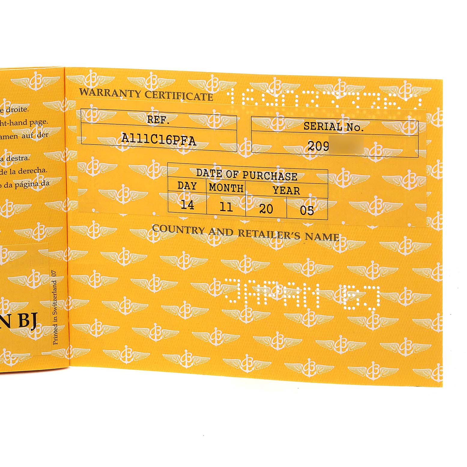 The image shows a warranty certificate for a Breitling Superocean A13340 Men's Stainless Steel Blue Dial A13340 Men's Stainless Steel Blue Dial model watch, viewed from the front.