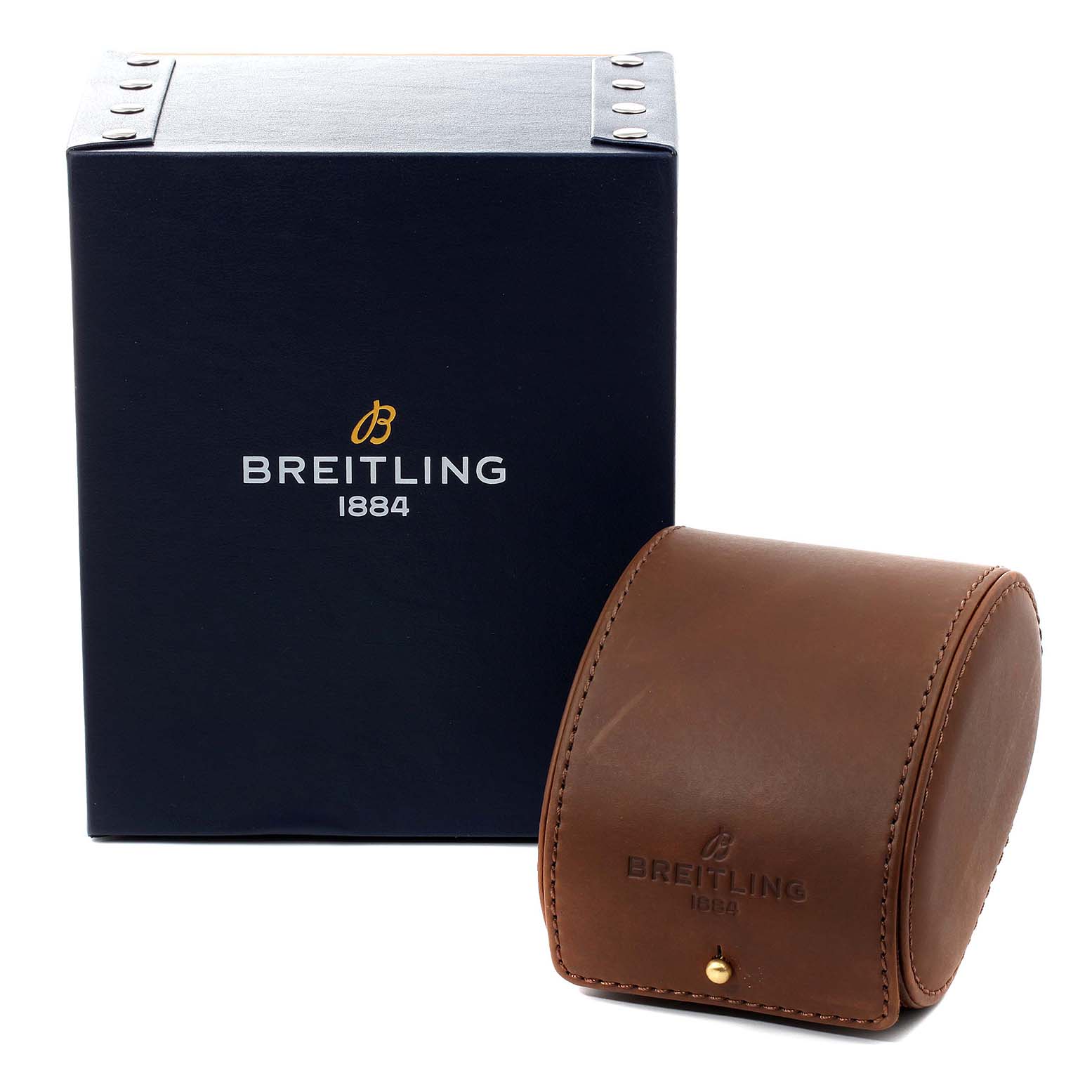 The image shows a Breitling Bentley A47362 Men's Stainless Steel Black Dial A47362 Men's Stainless Steel Black Dial watch box and a brown leather watch case with the brand logo and year 1884.