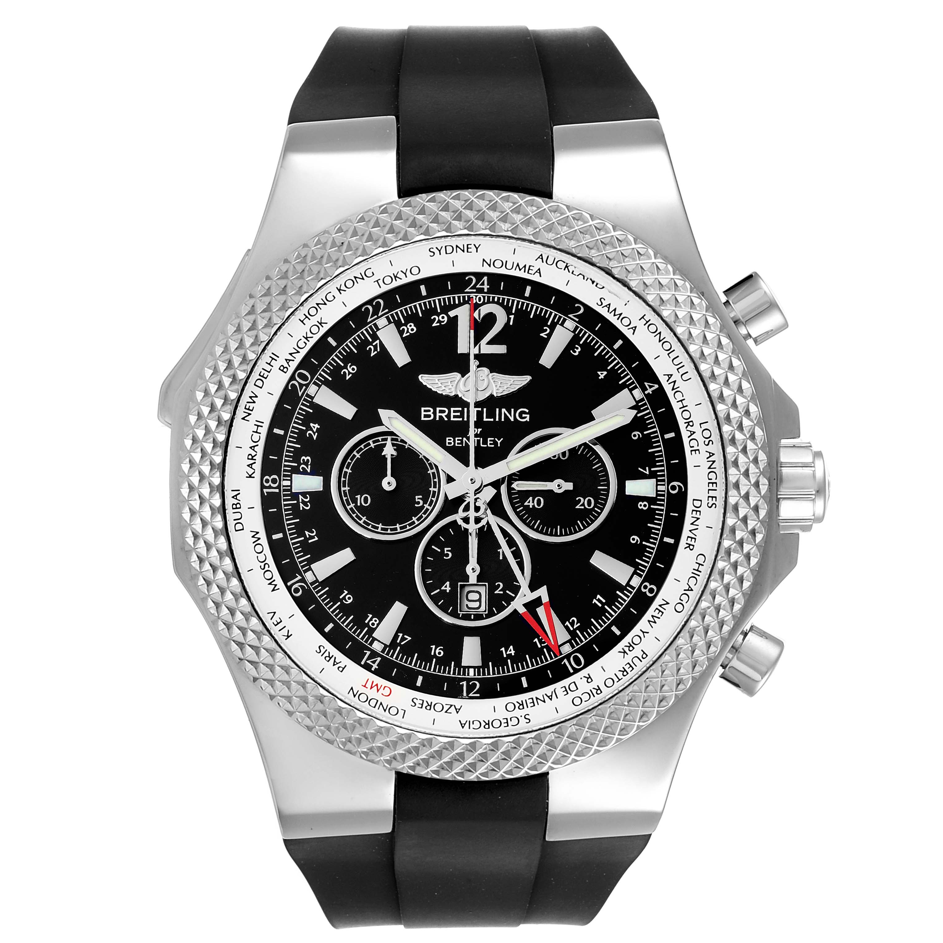 The image shows a front view of the Breitling Bentley A47362 Men's Stainless Steel Black Dial A47362 Men's Stainless Steel Black Dial model watch, highlighting the face, dials, bezel, and part of the strap.