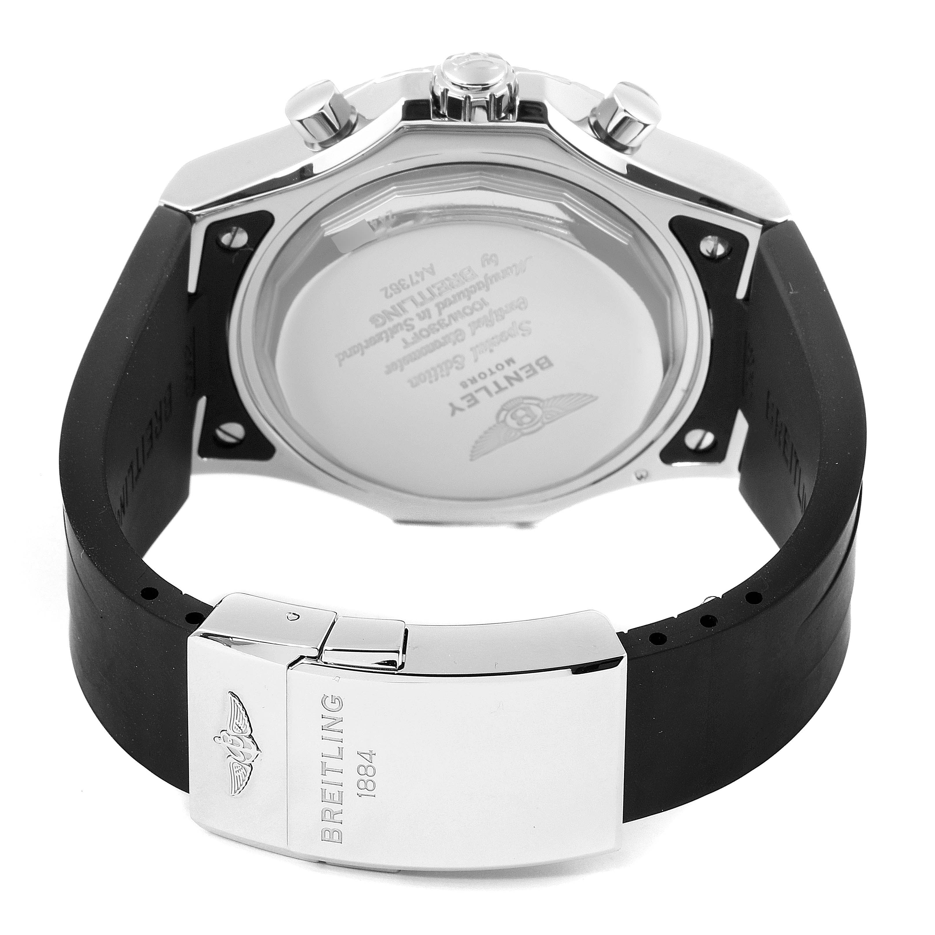 The image shows the back of a Bentley model by Breitling, displaying the case back, strap, and clasp.