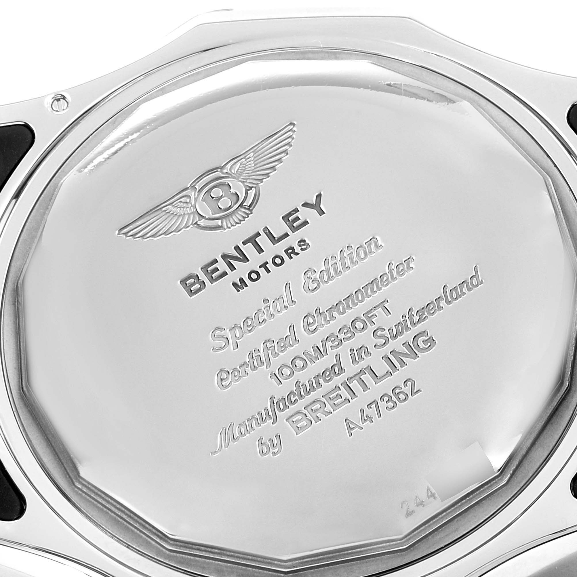 The image shows the back case of a Bentley model watch by Breitling, highlighting the engravings and branding details.