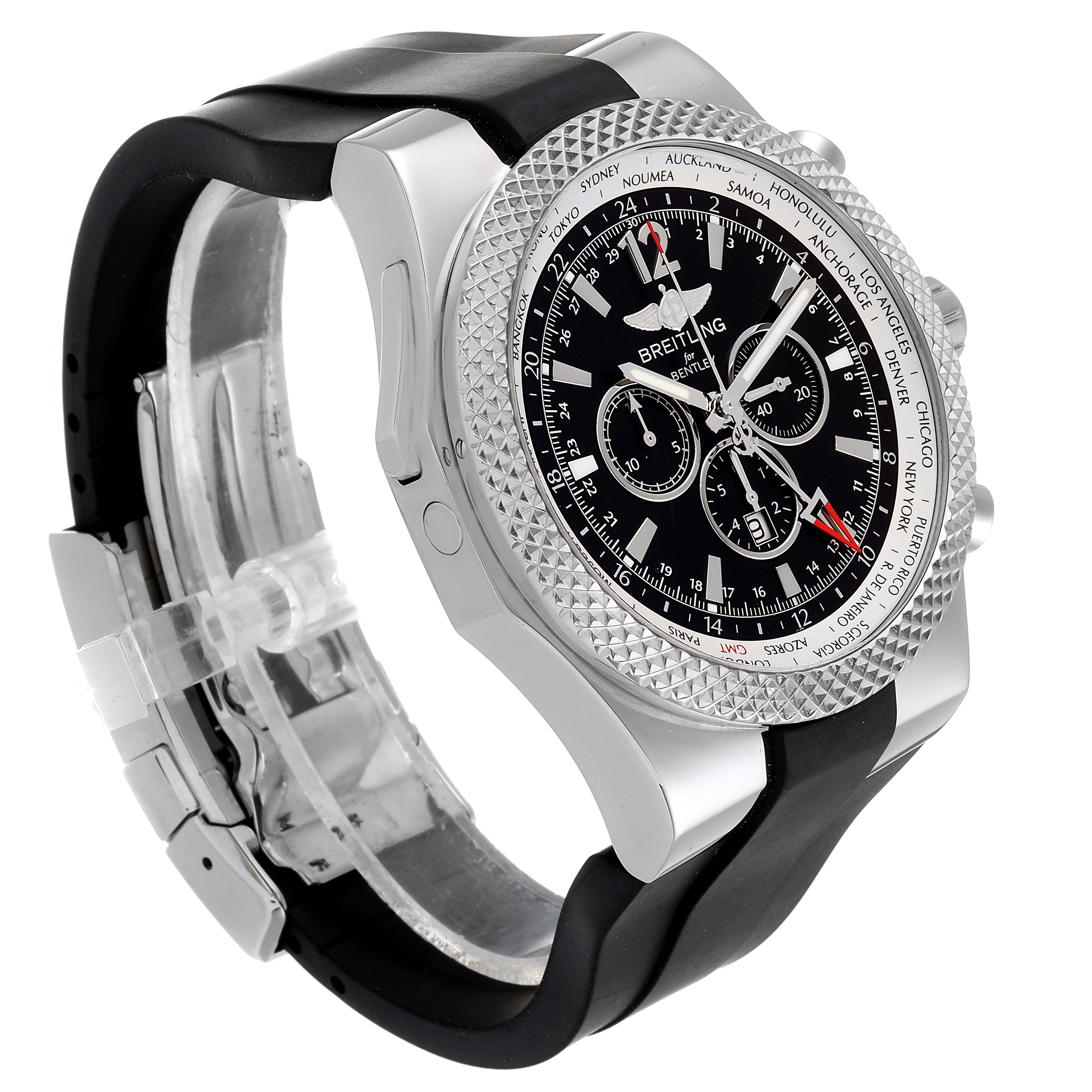 The image shows a side angle of the Breitling Bentley A47362 Men's Stainless Steel Black Dial A47362 Men's Stainless Steel Black Dial watch, displaying its bezel, dial, and part of the strap.