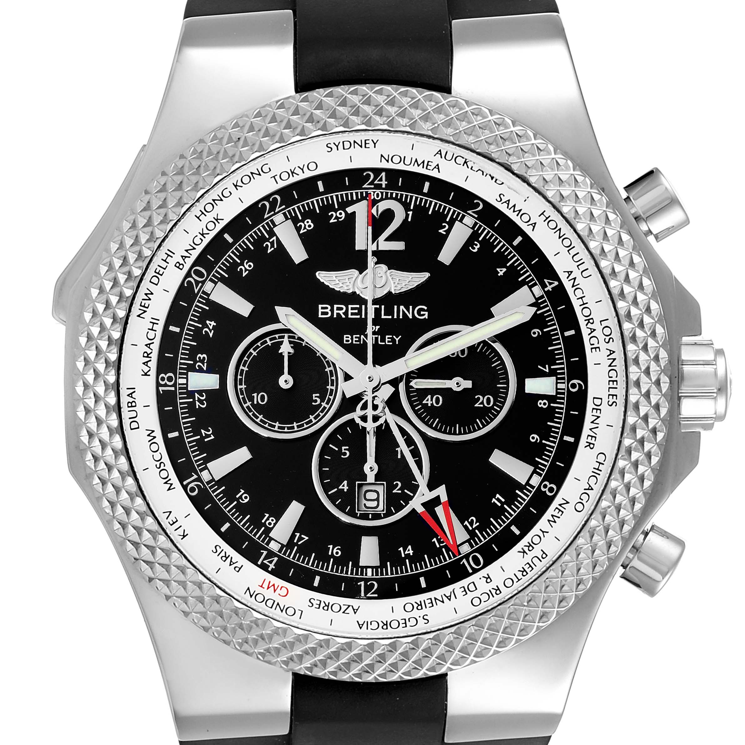 The image shows a front view of the Breitling Bentley A47362 Men's Stainless Steel Black Dial A47362 Men's Stainless Steel Black Dial watch featuring its black dial, chronograph sub-dials, and silver bezel.