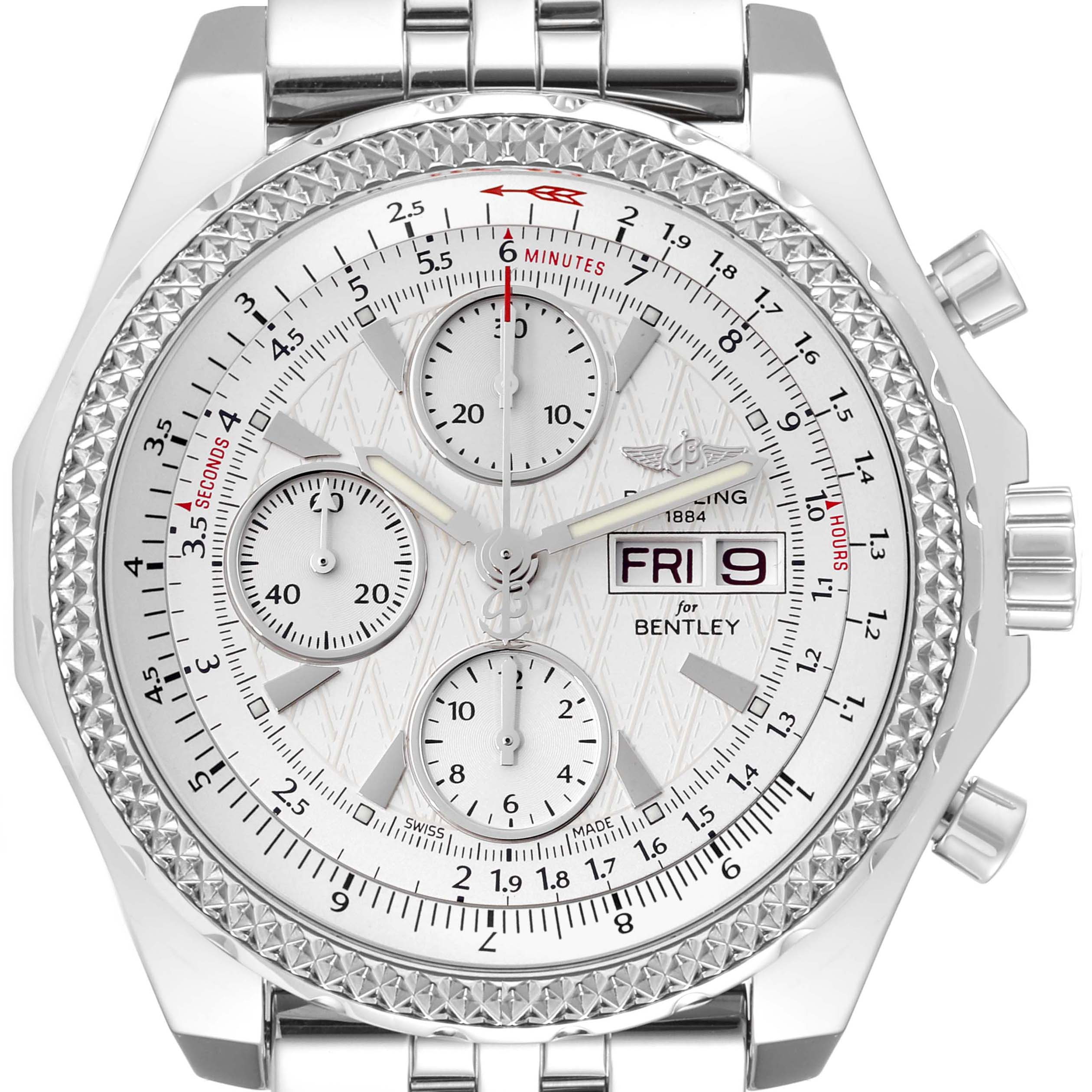 This image shows a front view of a Breitling Bentley A13362 Men's Stainless Steel White Dial A13362 Men's Stainless Steel White Dial model watch, featuring its face, sub-dials, and part of the bracelet.