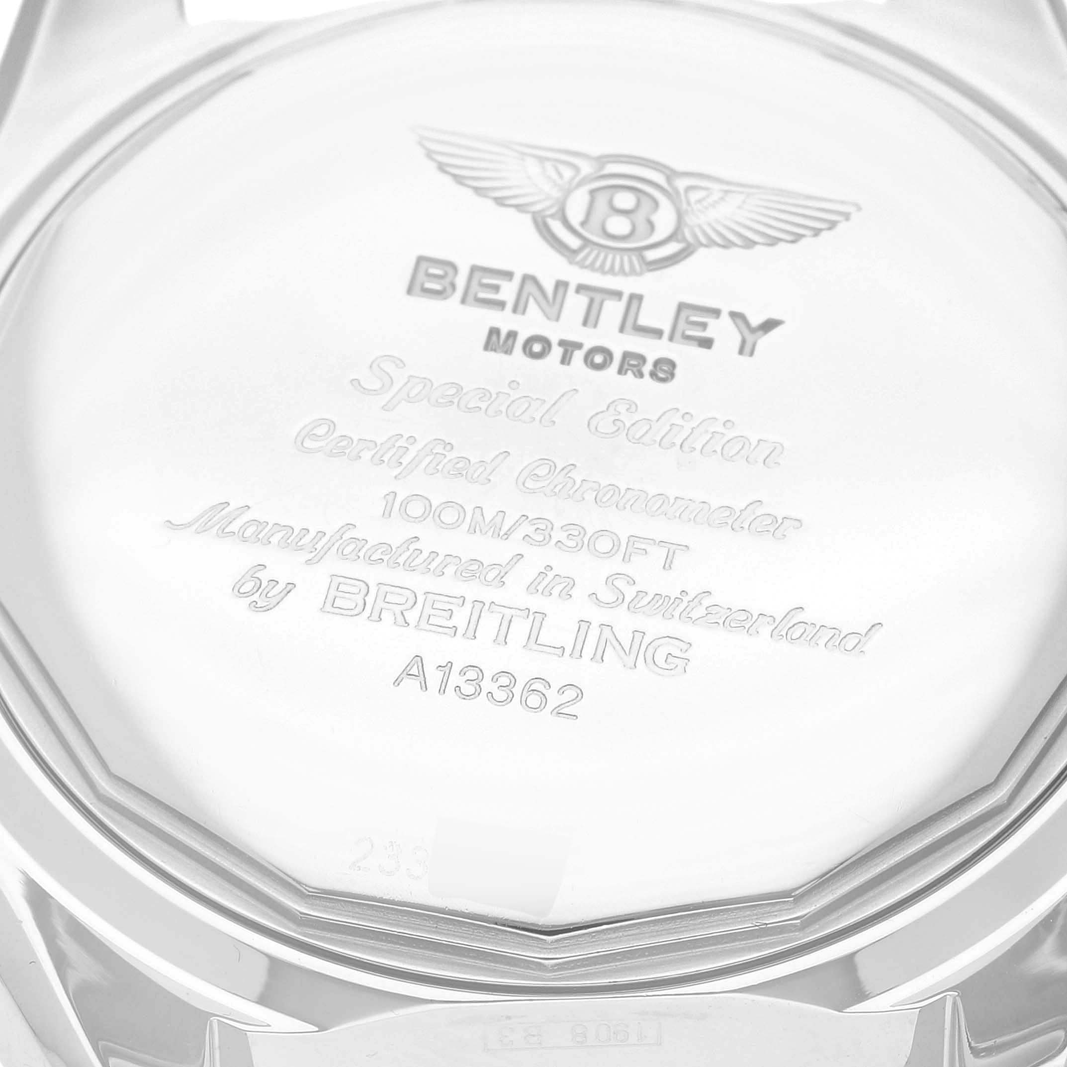 This image shows the back case of a Bentley model watch by Breitling, displaying inscriptions about its specifications and certification.