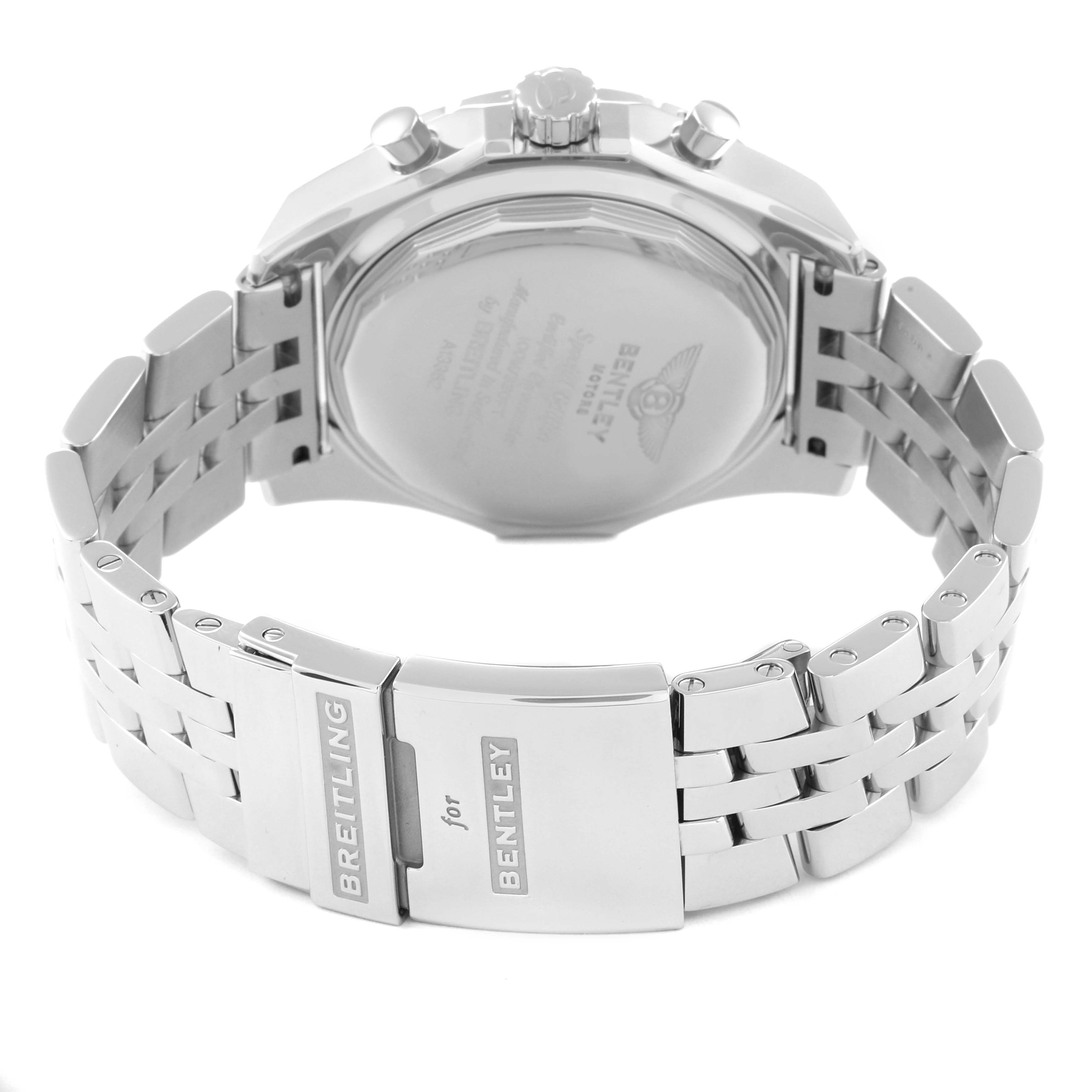 The image shows the back case and stainless steel bracelet of a Breitling Bentley A13362 Men's Stainless Steel White Dial A13362 Men's Stainless Steel White Dial model watch.