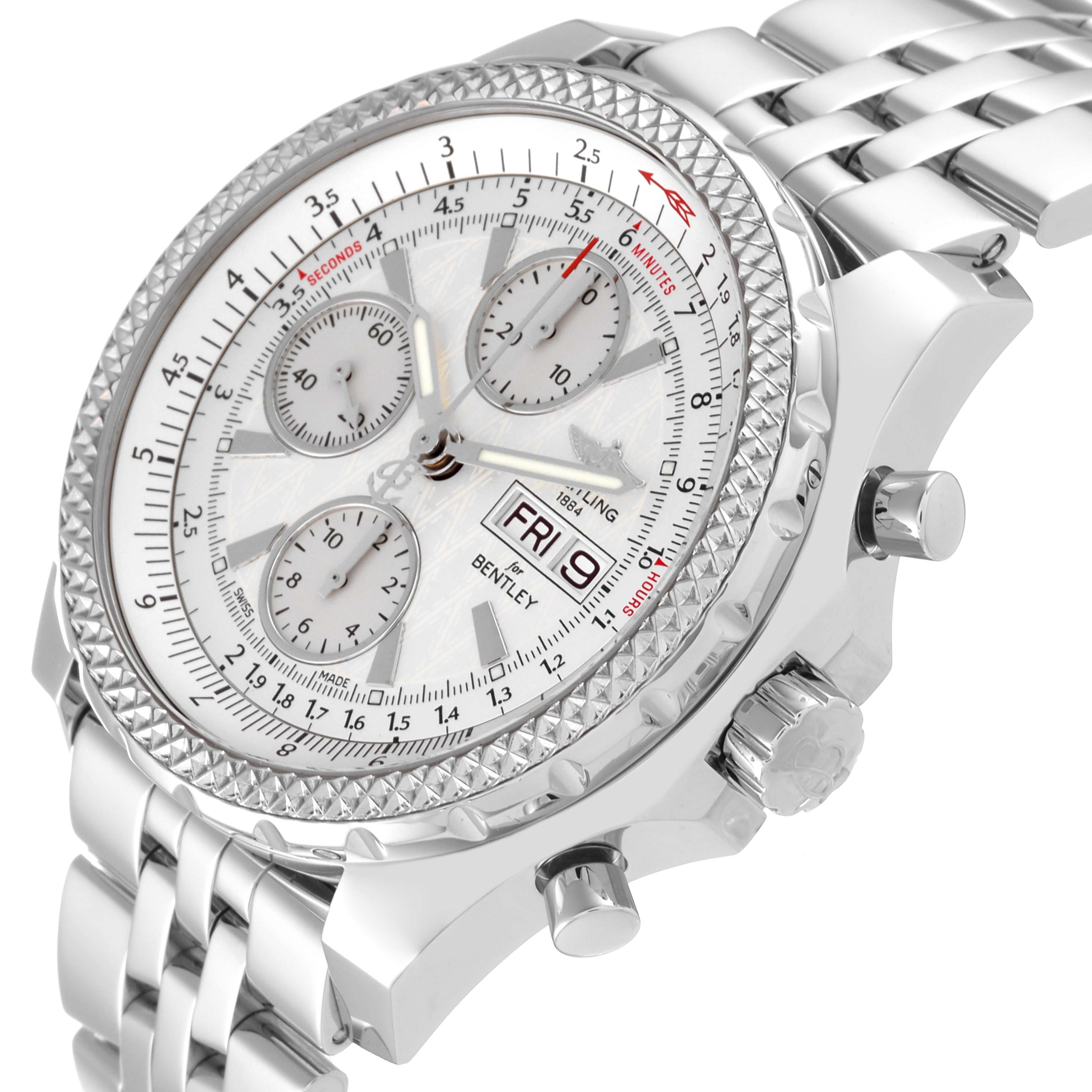 The image shows a close-up side angle of a Breitling Bentley A13362 Men's Stainless Steel White Dial A13362 Men's Stainless Steel White Dial watch, highlighting its face, bezel, crown, and part of its bracelet.