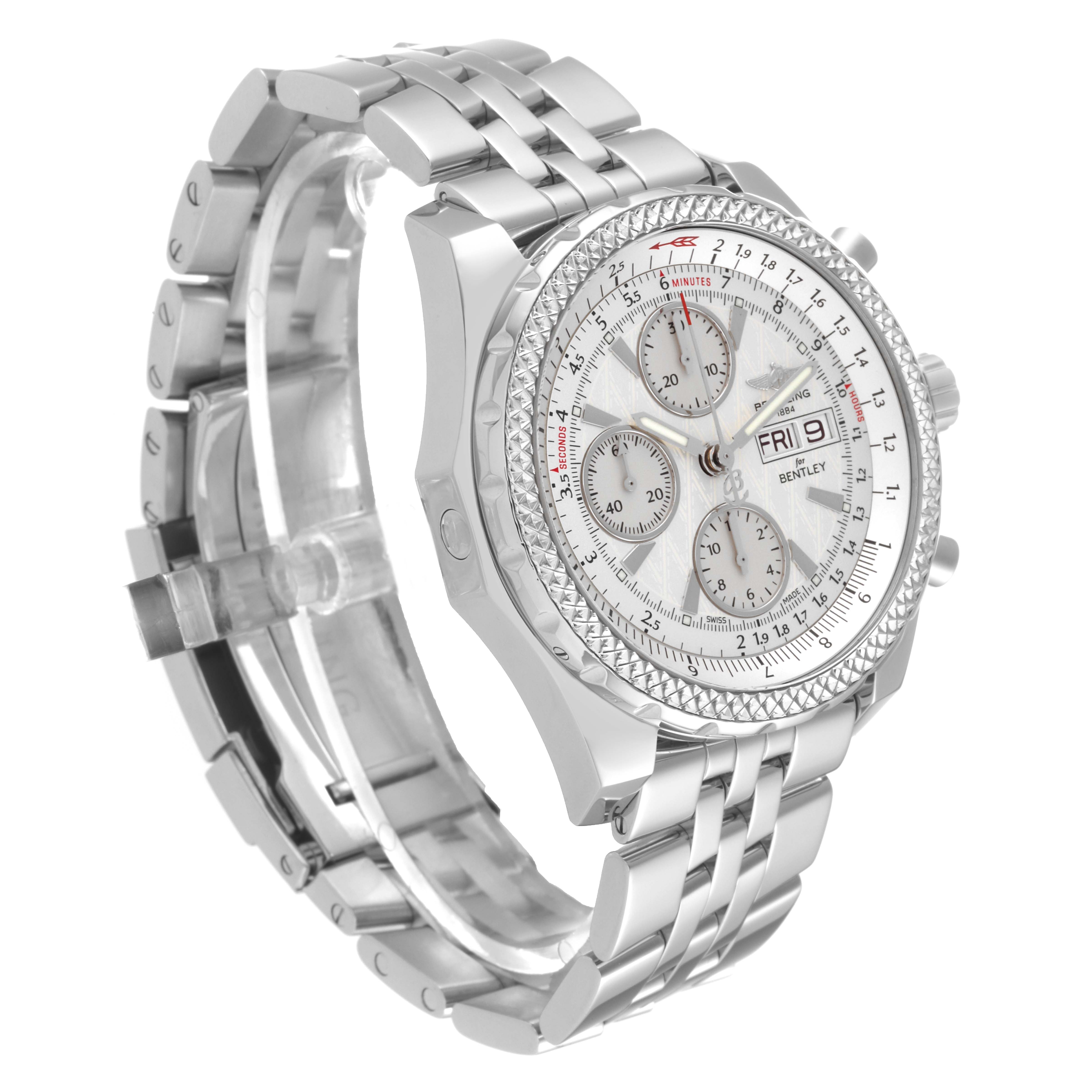 The Breitling Bentley A13362 Men's Stainless Steel White Dial A13362 Men's Stainless Steel White Dial model watch is shown at a three-quarter angle, displaying the bracelet, dial, and side buttons.