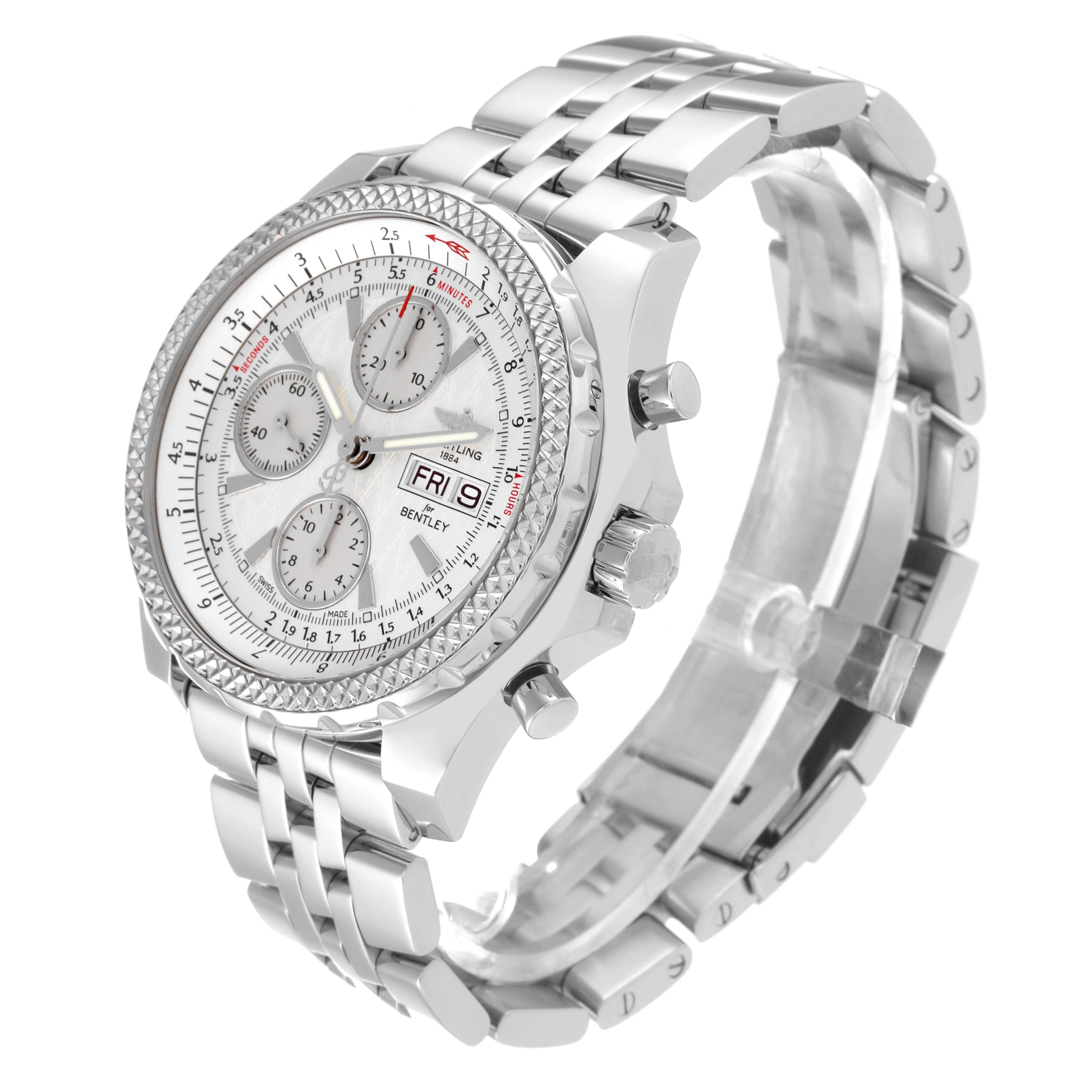 The Breitling Bentley A13362 Men's Stainless Steel White Dial A13362 Men's Stainless Steel White Dial watch is shown at a three-quarter angle, revealing its face, chronographs, bezel, and metallic bracelet.