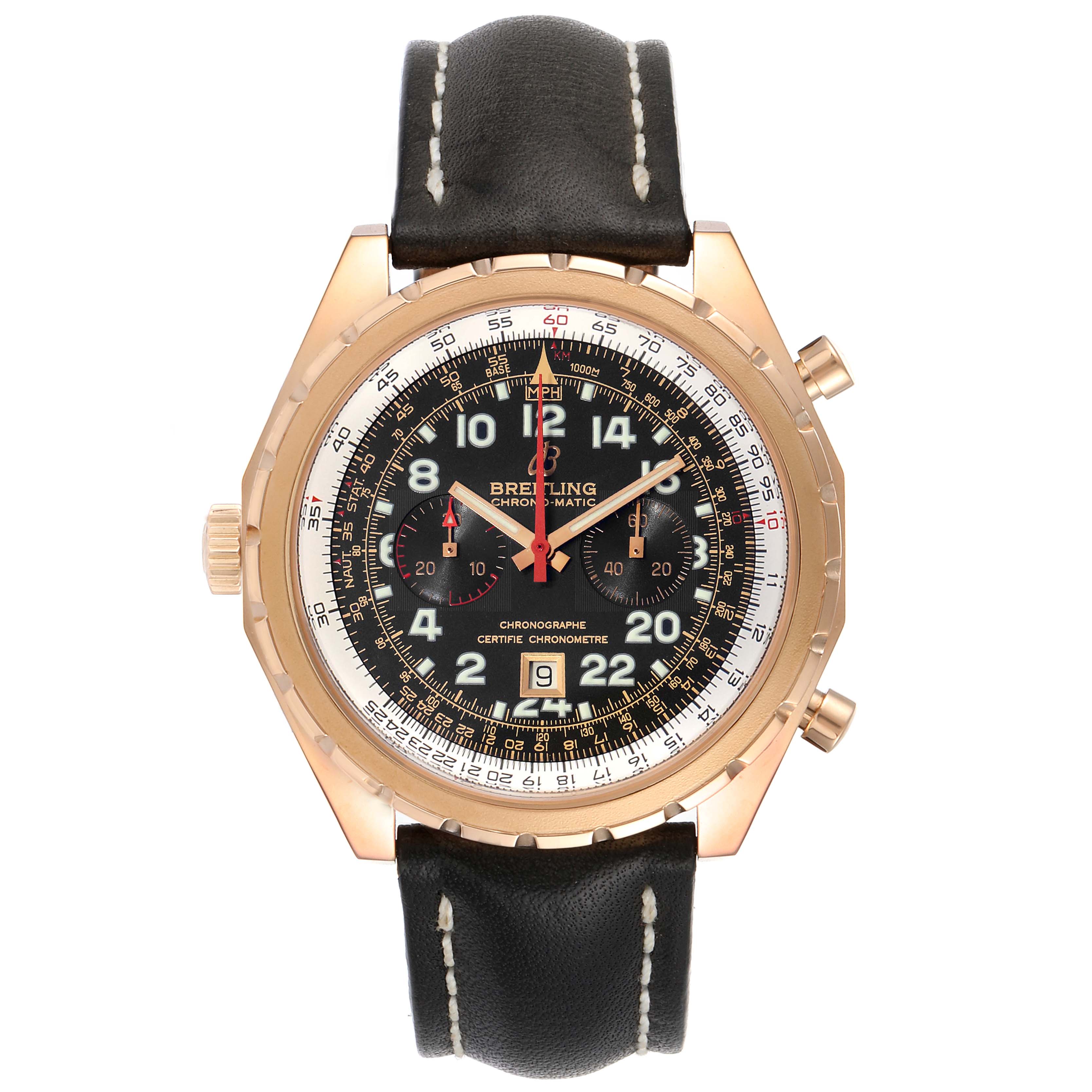 The image shows a front view of the Breitling Chronomatic H22360 Men's Rose Gold Black Dial H22360 Men's Rose Gold Black Dial watch, featuring its face, bezel, buttons, and leather strap.