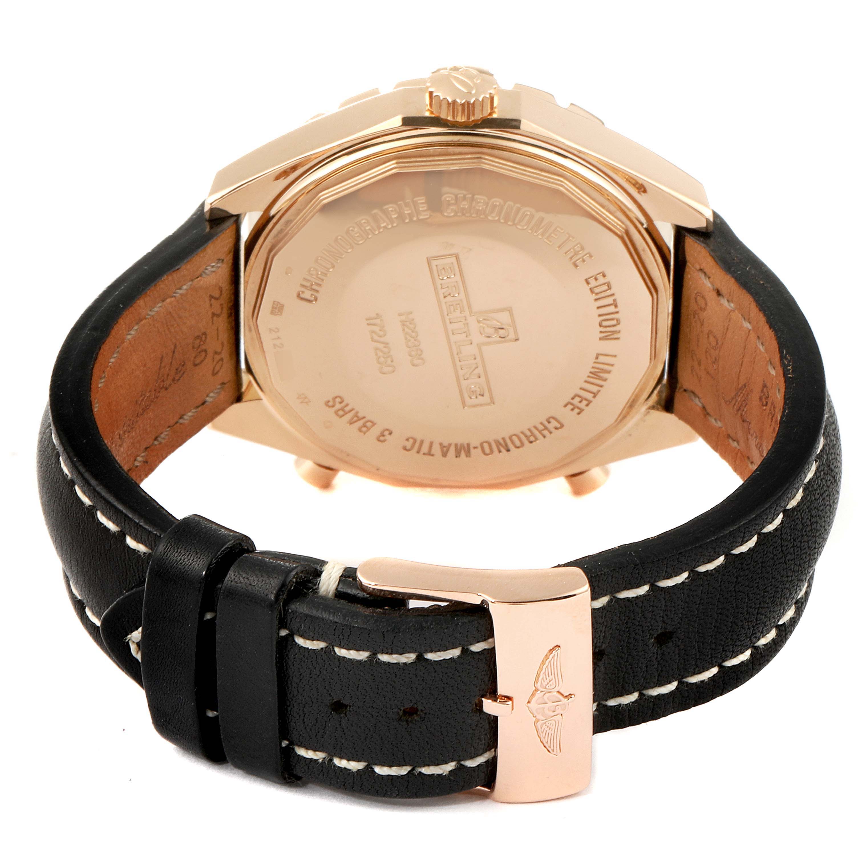 The image shows the back case and strap of a Breitling Chronomatic H22360 Men's Rose Gold Black Dial H22360 Men's Rose Gold Black Dial watch from a rear angle.