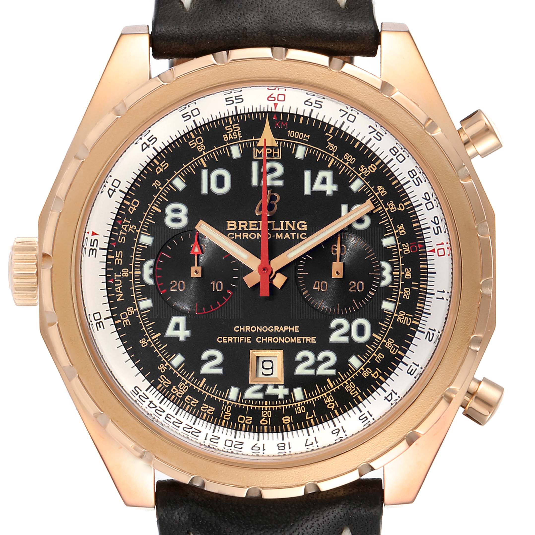 The image shows a frontal view of the Breitling Chronomatic H22360 Men's Rose Gold Black Dial H22360 Men's Rose Gold Black Dial watch, displaying its black dial, subdials, and gold casing.