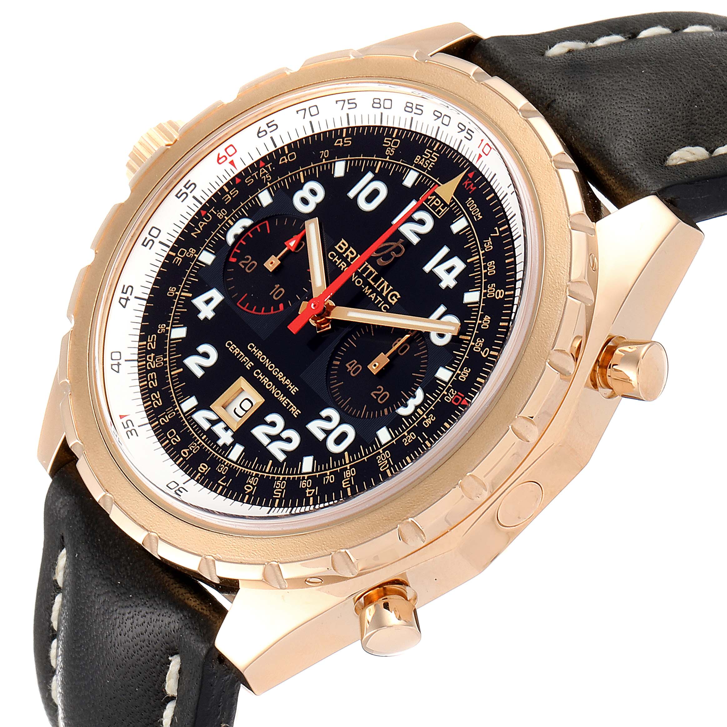 The Breitling Chronomatic H22360 Men's Rose Gold Black Dial H22360 Men's Rose Gold Black Dial watch is shown at a slight angle, showcasing the face, bezel, crown, pushers, and black leather strap.