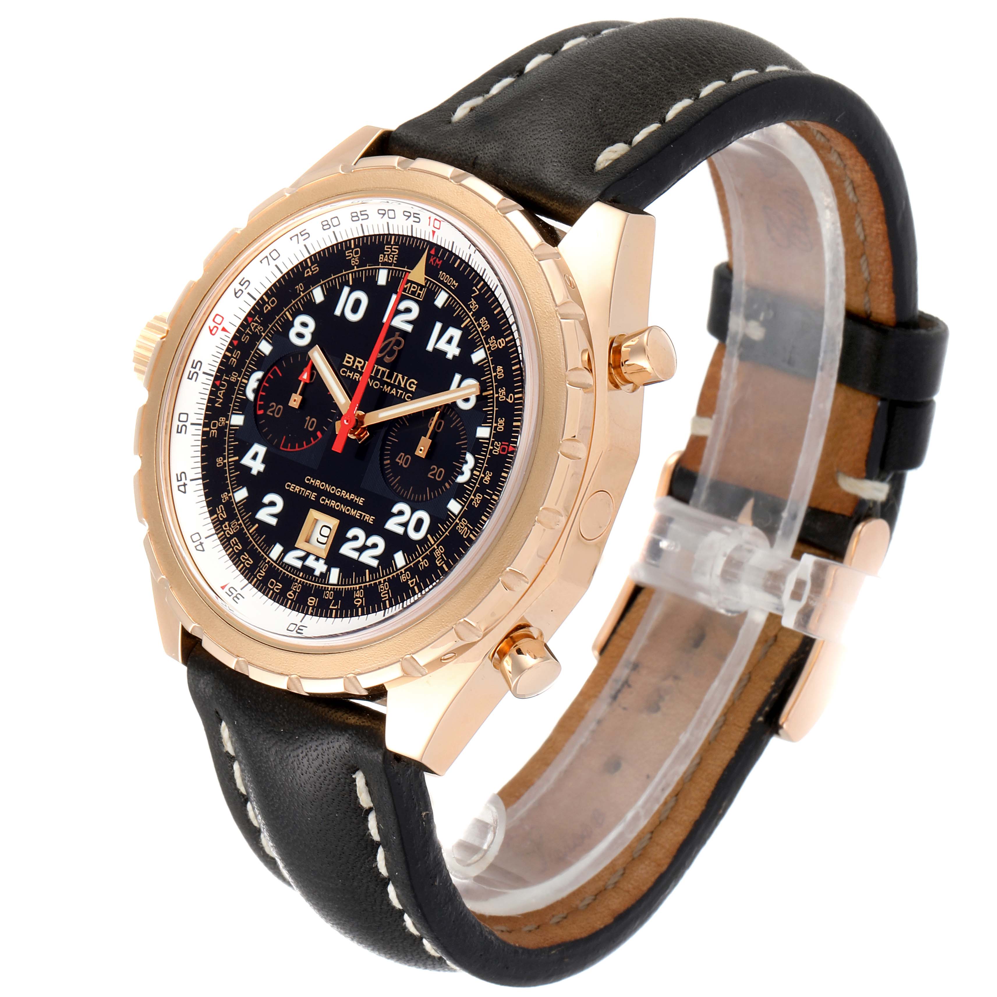 This image shows a Breitling Chronomatic H22360 Men's Rose Gold Black Dial H22360 Men's Rose Gold Black Dial watch at an angle, highlighting its face, case, crown, pushers, and leather strap.