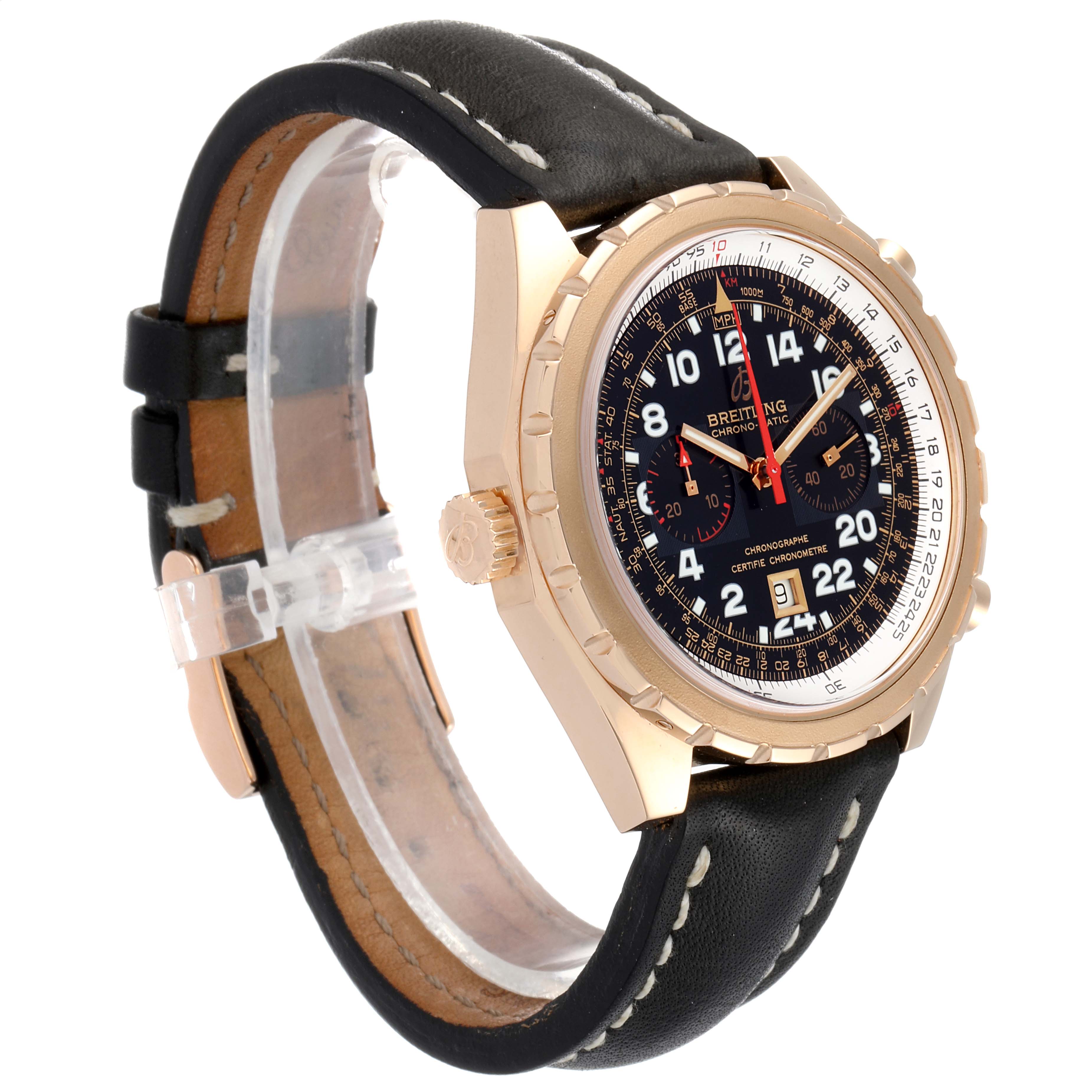 The Breitling Chronomatic H22360 Men's Rose Gold Black Dial H22360 Men's Rose Gold Black Dial watch is shown at an angled side view highlighting the dial, bezel, crown, and leather strap.