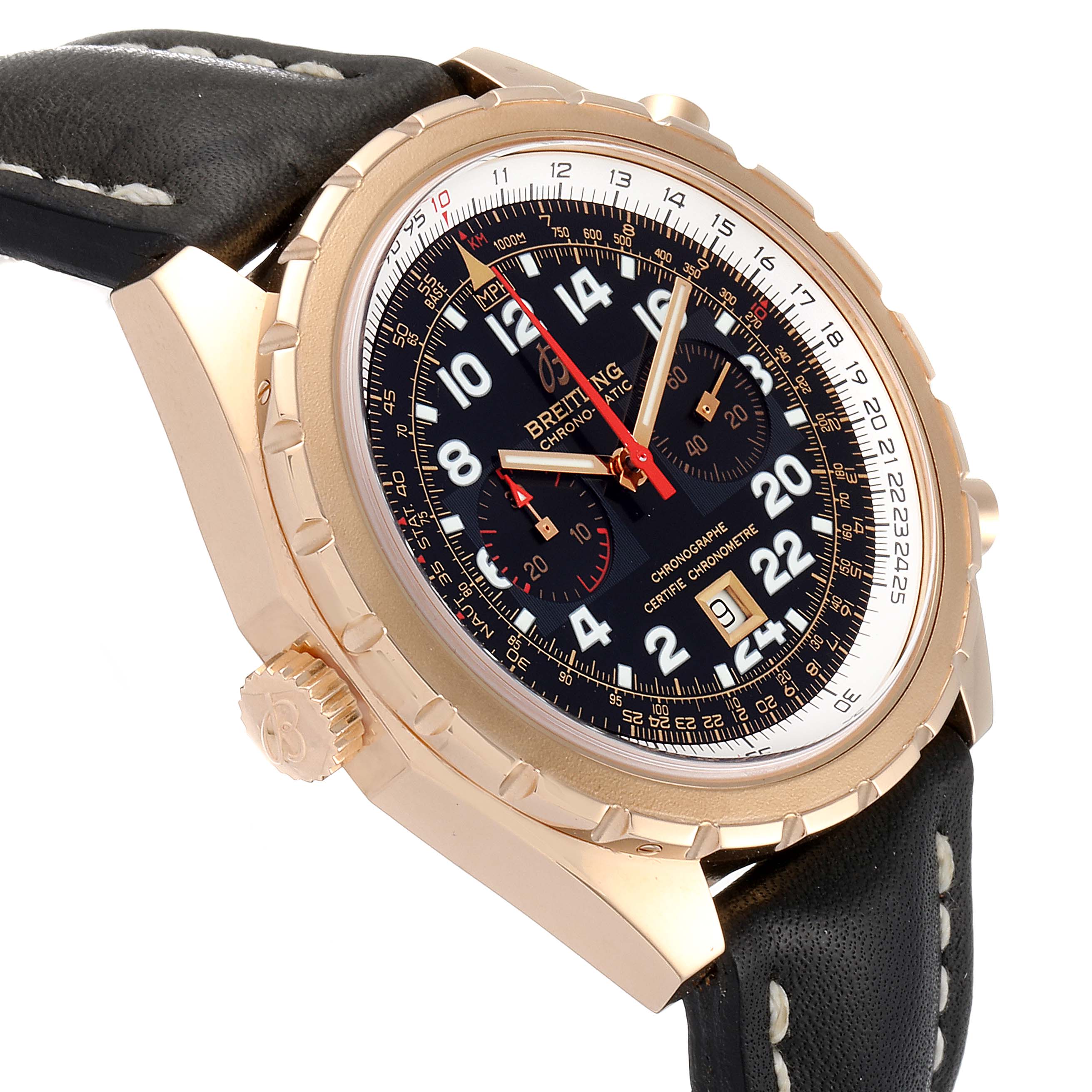 The image shows a side and angled view of a Breitling Chronomatic H22360 Men's Rose Gold Black Dial H22360 Men's Rose Gold Black Dial watch, highlighting its face, bezel, and part of the leather strap.