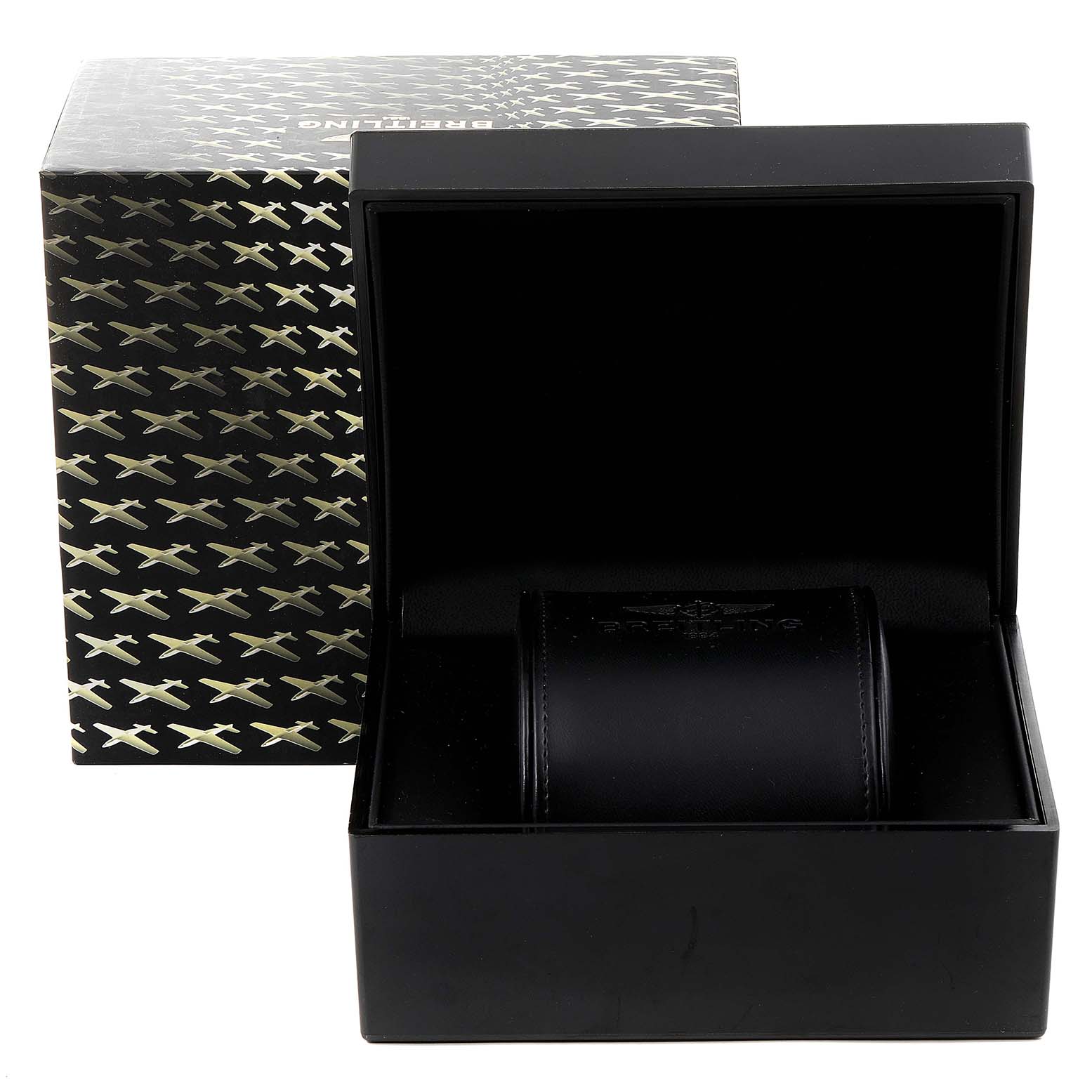 The image shows the packaging box of a Breitling Chronomatic H22360 Men's Rose Gold Black Dial H22360 Men's Rose Gold Black Dial watch, with the inner watch holder partially visible.