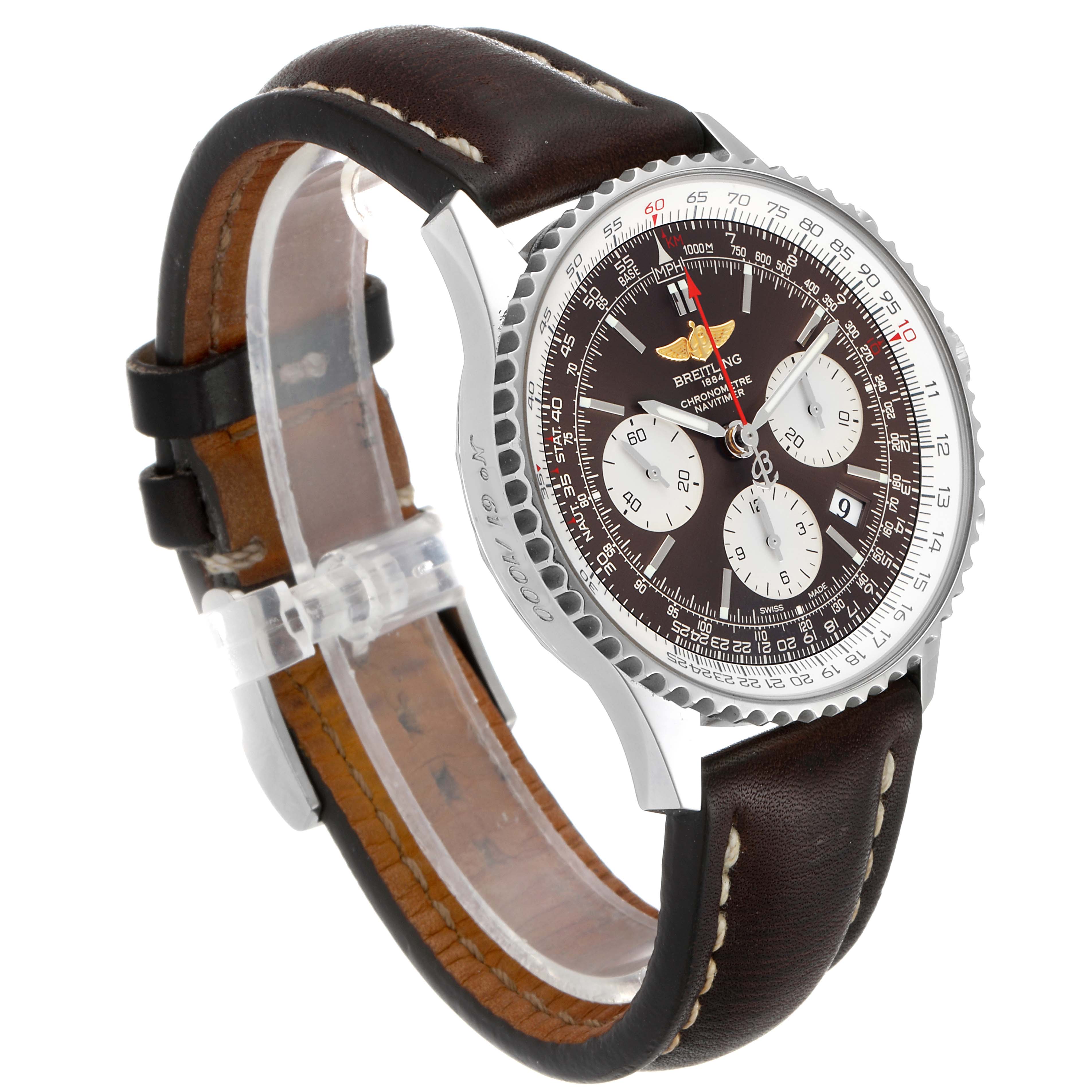 The image shows a Breitling Navitimer AB0121C4-Q605-739P-A20BA.1 Men's Stainless Steel Brown Dial AB0121C4-Q605-739P-A20BA.1 Men's Stainless Steel Brown Dial watch from a three-quarter angle, displaying the face, bezel, and leather strap.