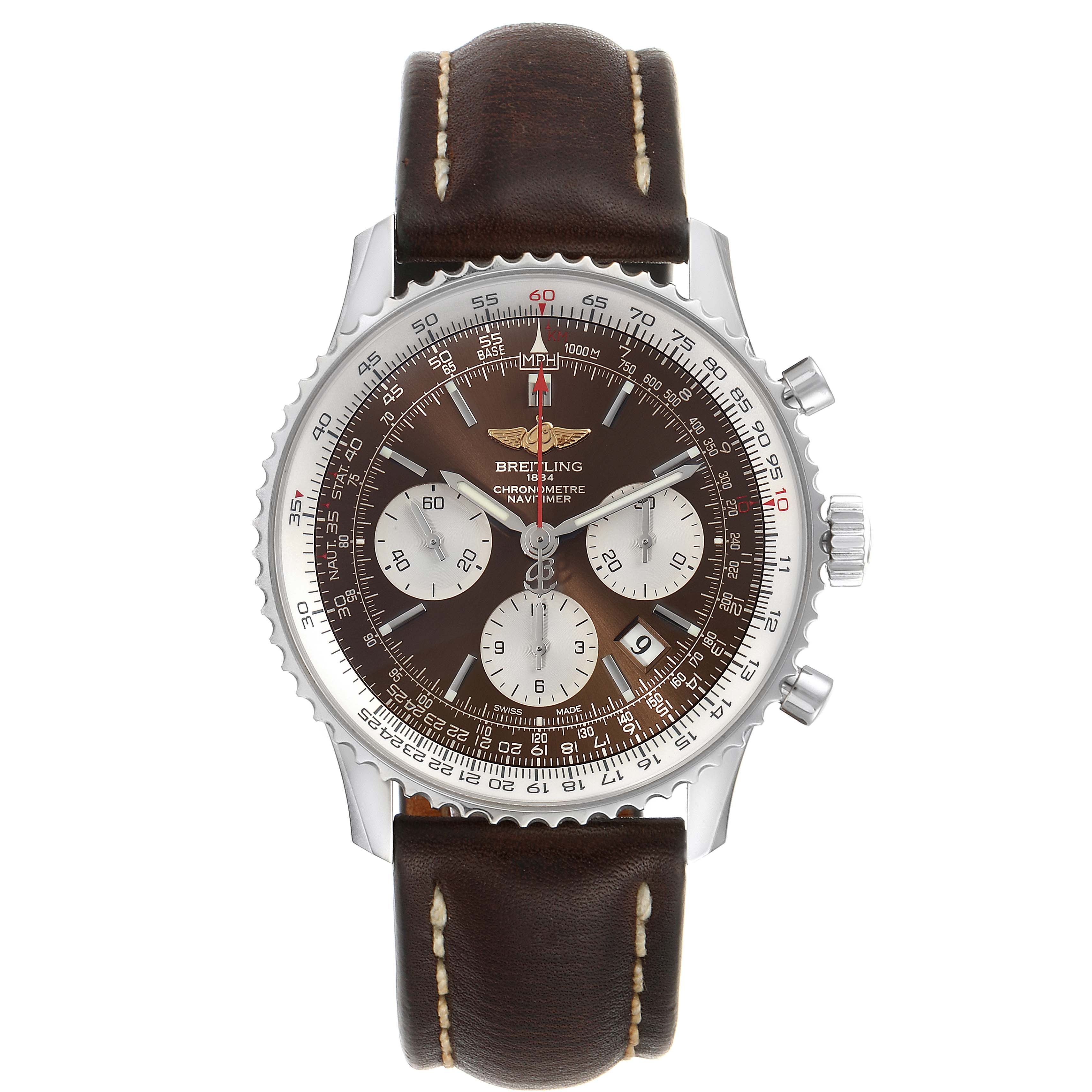 The image shows a front view of the Breitling Navitimer AB0121C4-Q605-739P-A20BA.1 Men's Stainless Steel Brown Dial AB0121C4-Q605-739P-A20BA.1 Men's Stainless Steel Brown Dial watch with a brown leather strap and detailed dial.