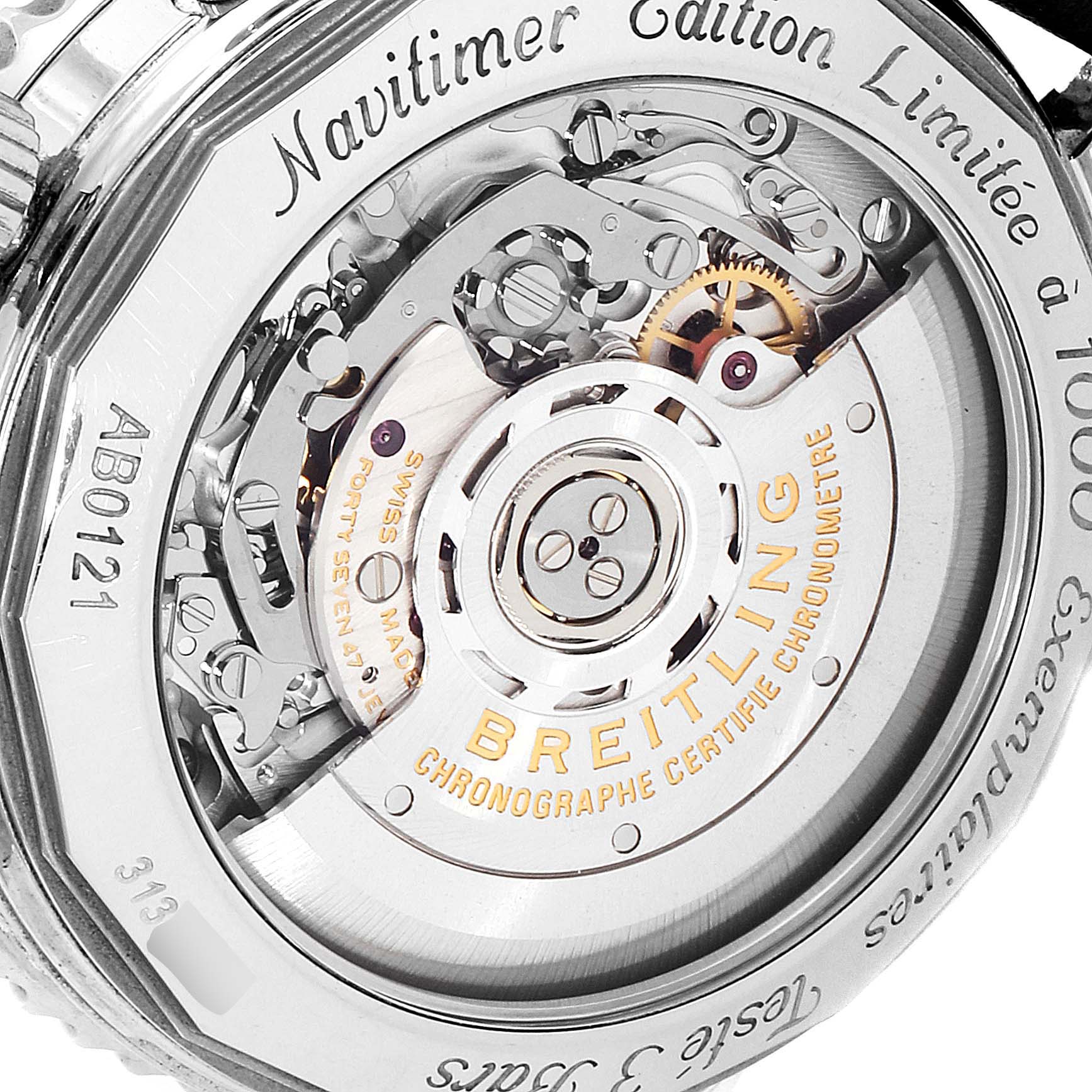 The image shows the back view of the movement and engravings of a Breitling Navitimer AB0121C4-Q605-739P-A20BA.1 Men's Stainless Steel Brown Dial AB0121C4-Q605-739P-A20BA.1 Men's Stainless Steel Brown Dial watch.
