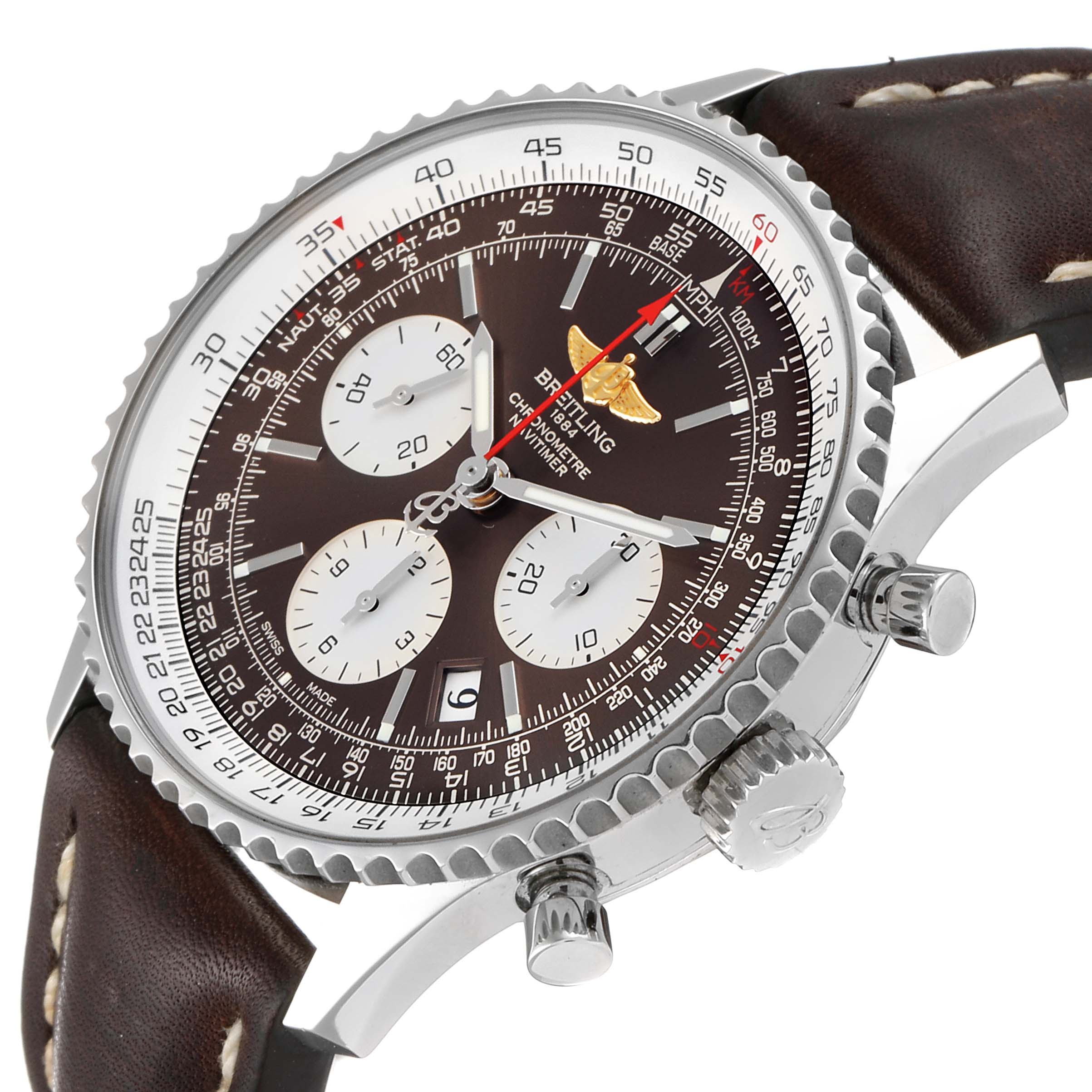 The image shows a Breitling Navitimer AB0121C4-Q605-739P-A20BA.1 Men's Stainless Steel Brown Dial AB0121C4-Q605-739P-A20BA.1 Men's Stainless Steel Brown Dial watch at an oblique angle, highlighting the bezel, crown, pushers, dial, and leather strap.