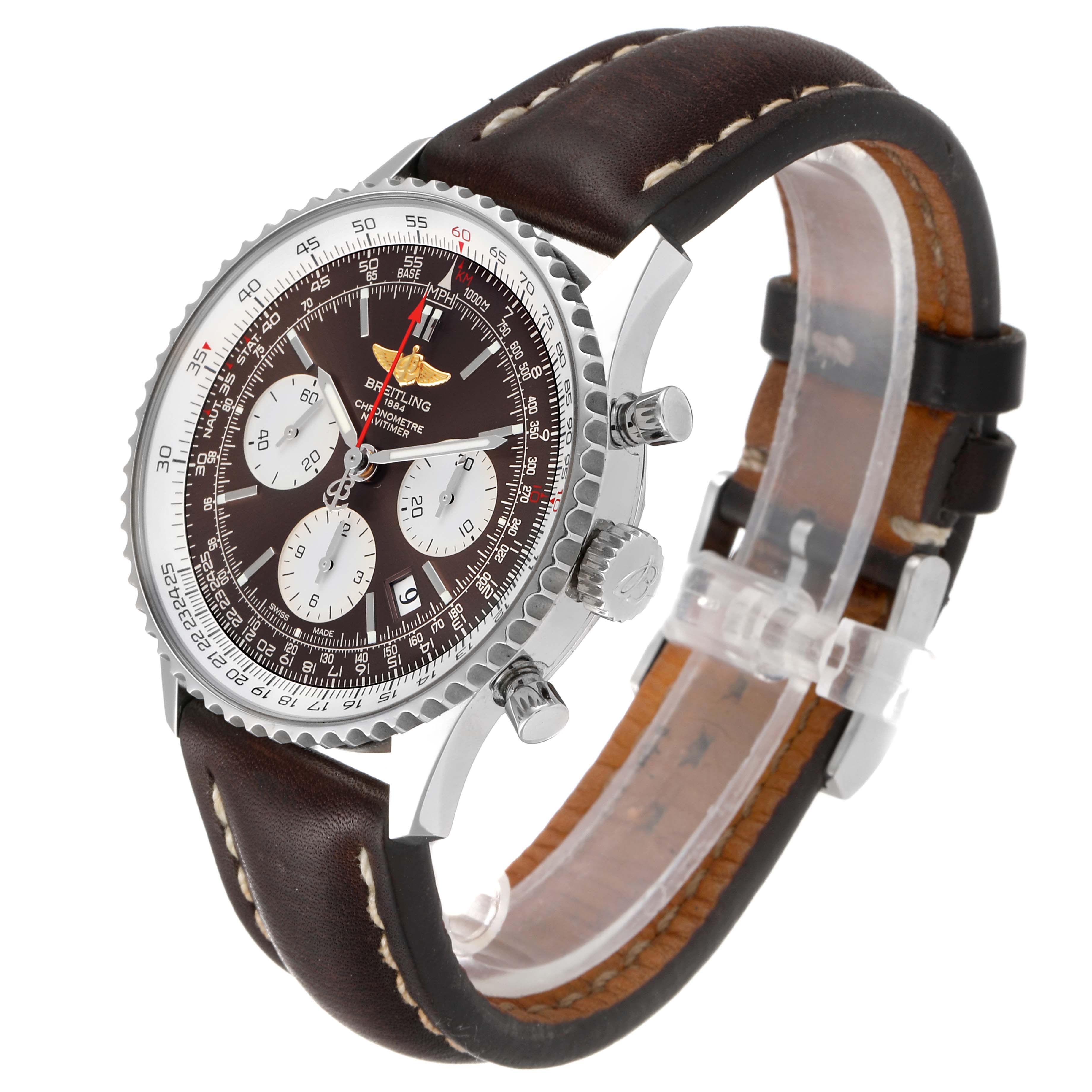 The Breitling Navitimer AB0121C4-Q605-739P-A20BA.1 Men's Stainless Steel Brown Dial AB0121C4-Q605-739P-A20BA.1 Men's Stainless Steel Brown Dial watch is shown at a three-quarter angle, highlighting the face, leather strap, and side buttons.