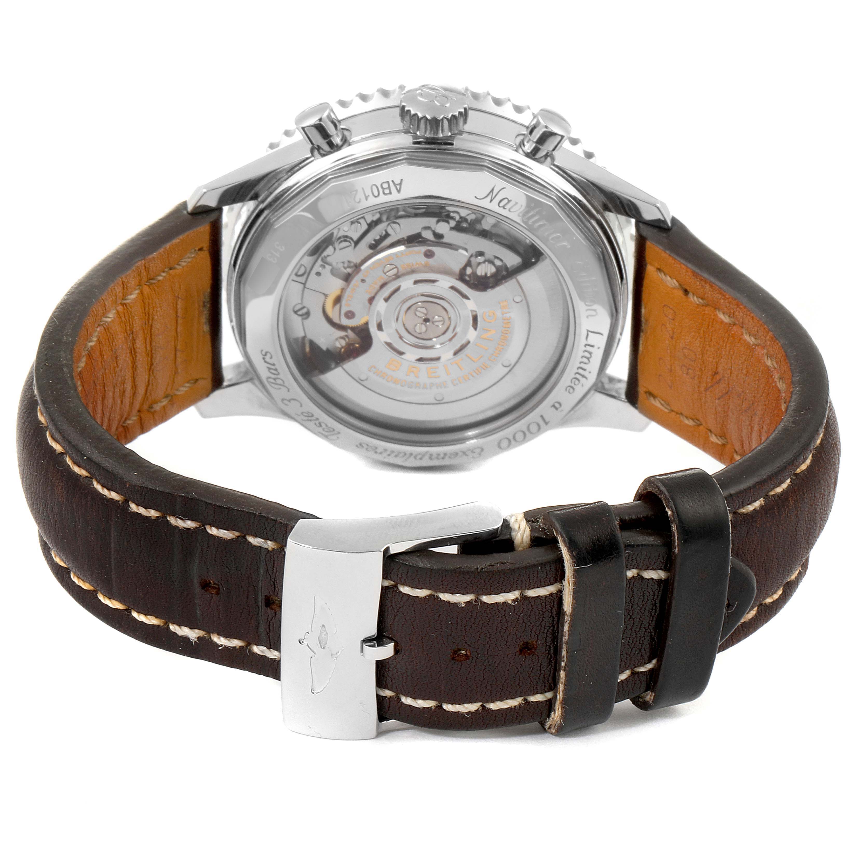 The image shows the back of a Breitling Navitimer AB0121C4-Q605-739P-A20BA.1 Men's Stainless Steel Brown Dial AB0121C4-Q605-739P-A20BA.1 Men's Stainless Steel Brown Dial watch, focusing on the leather strap and the transparent case back.