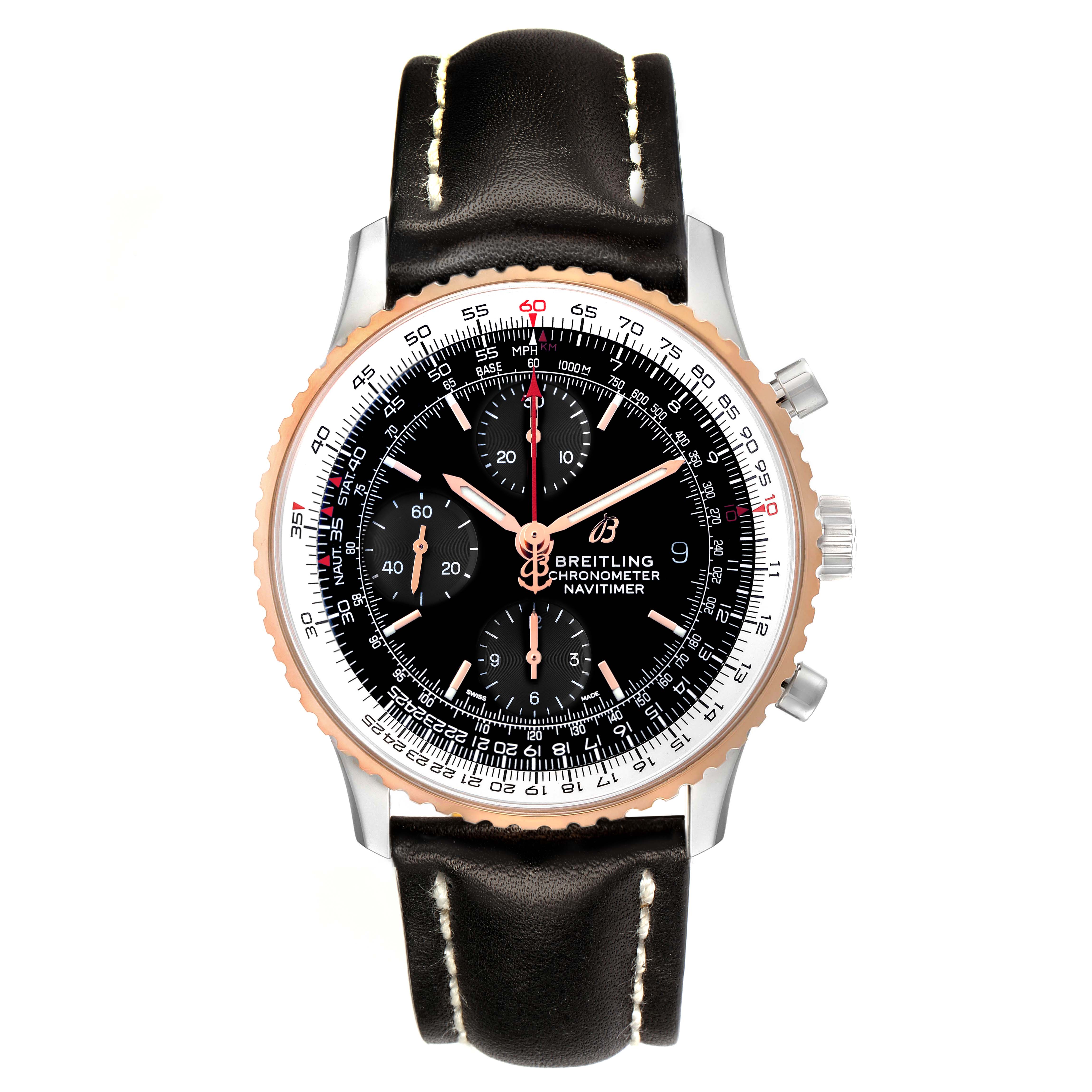 The Breitling Navitimer U13324 Men's Stainless Steel Black Dial watch is shown from a top-down angle, displaying the dial, bezel, and leather strap.