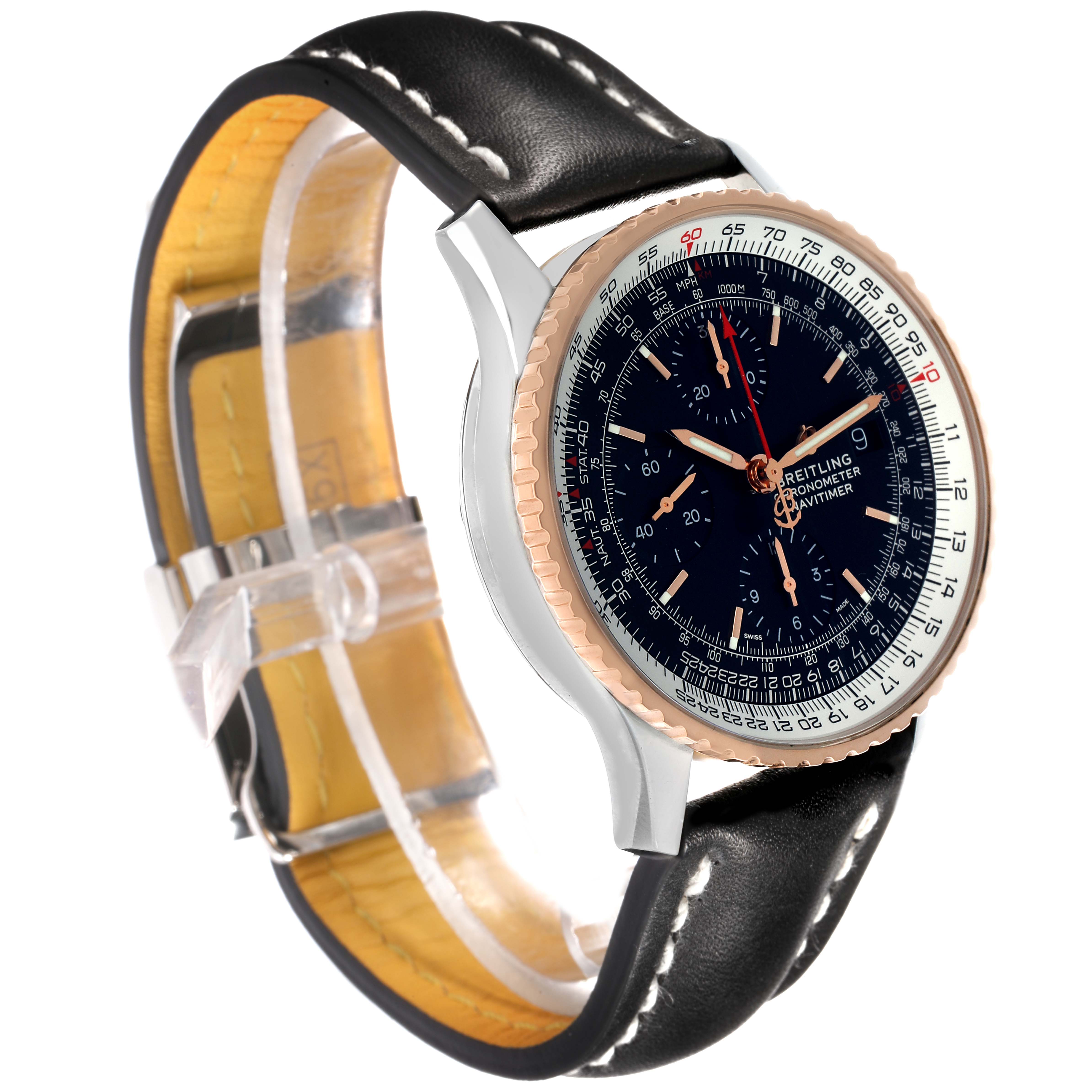 The Breitling Navitimer U13324 Men's Stainless Steel Black Dial watch is shown at a three-quarter angle, highlighting the face, bezel, and leather strap.