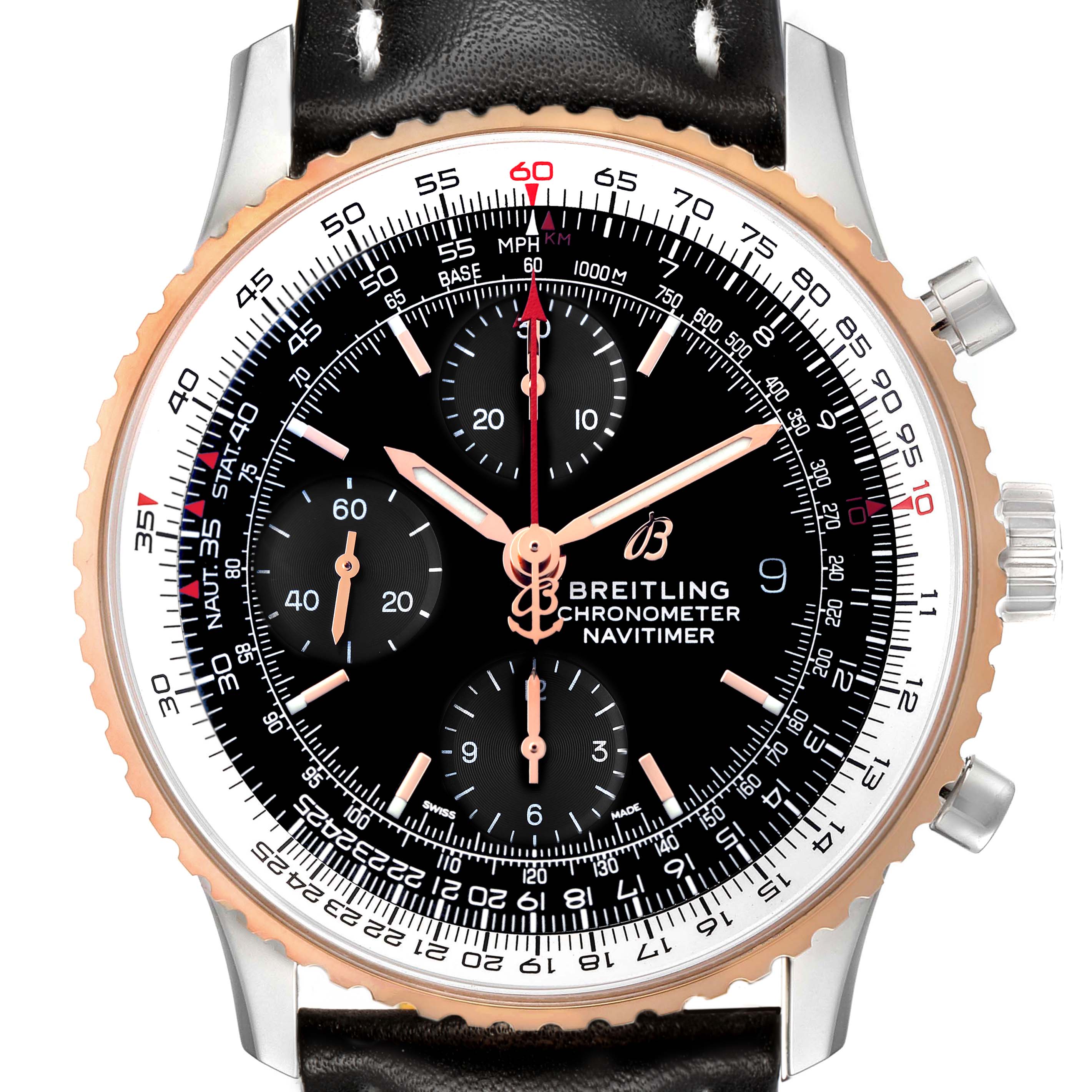 The Breitling Navitimer U13324 Men's Stainless Steel Black Dial watch is shown from a front, close-up angle, displaying the dial, subdials, bezel, and part of the strap.