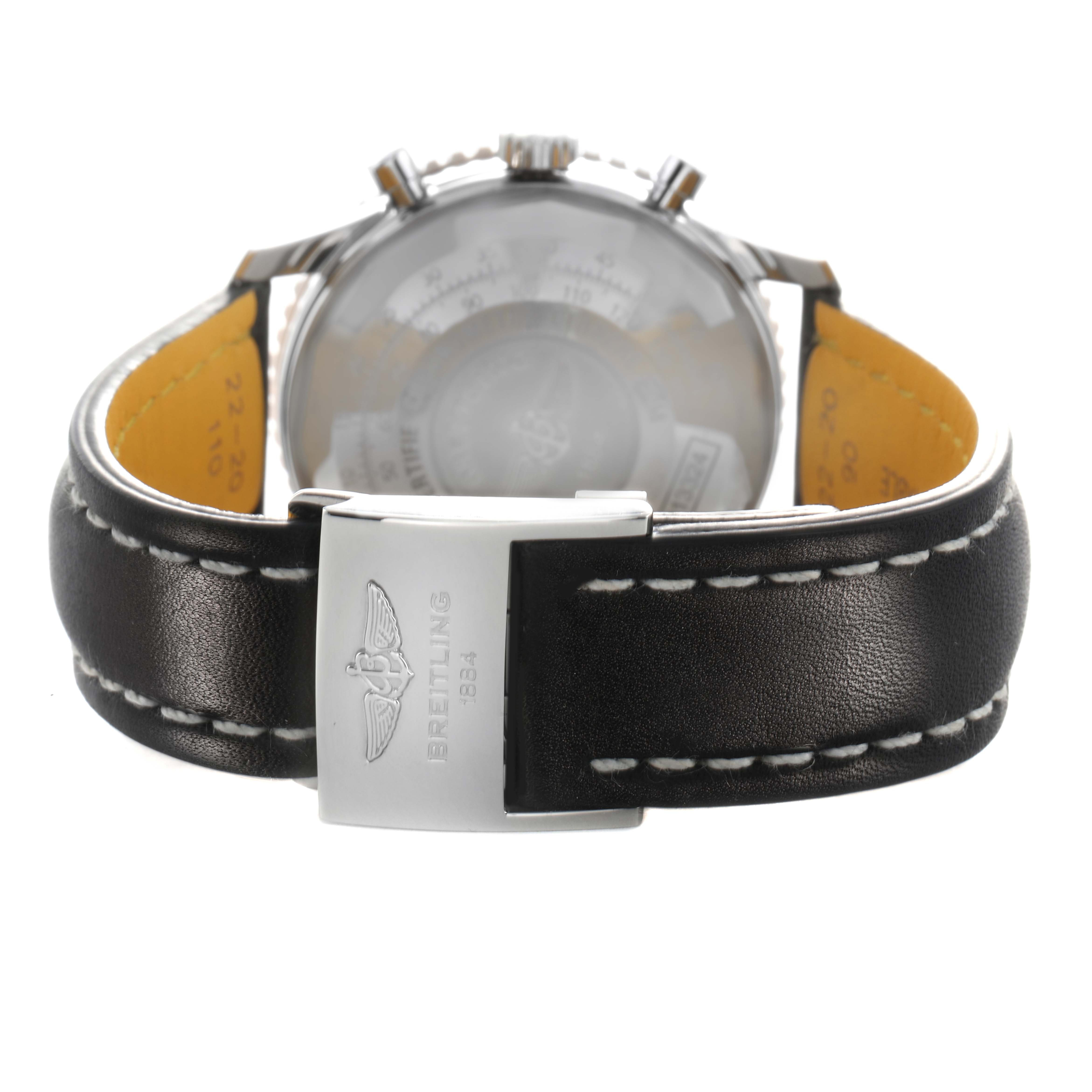 The image shows the Breitling Navitimer U13324 Men's Stainless Steel Black Dial from the back, highlighting the leather strap and clasp.