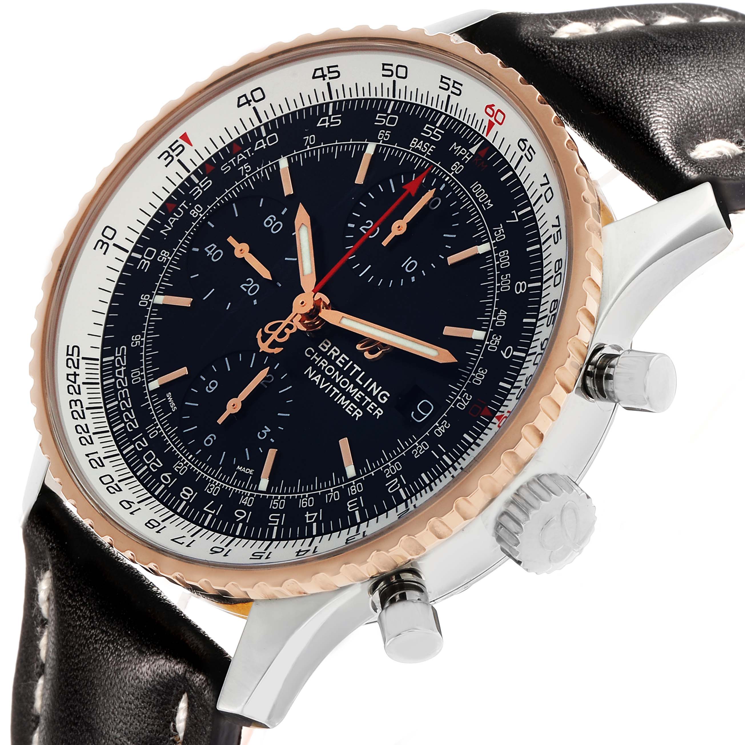 The Breitling Navitimer U13324 Men's Stainless Steel Black Dial watch is shown in a side angle displaying the bezel, dial, crown, and leather strap.