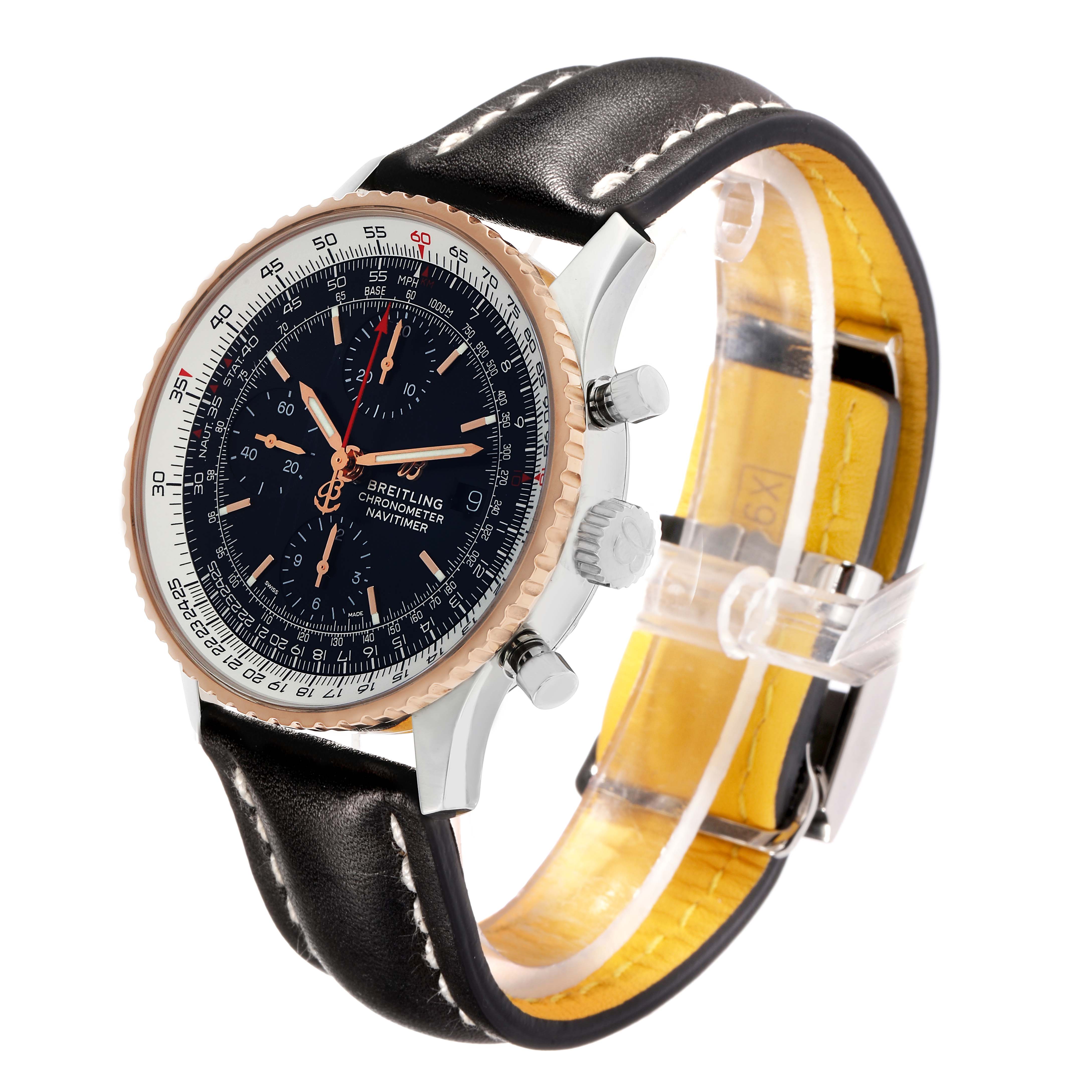 The Breitling Navitimer U13324 Men's Stainless Steel Black Dial watch is shown at a three-quarter angle, displaying the face, case, crown, pushers, and leather strap.