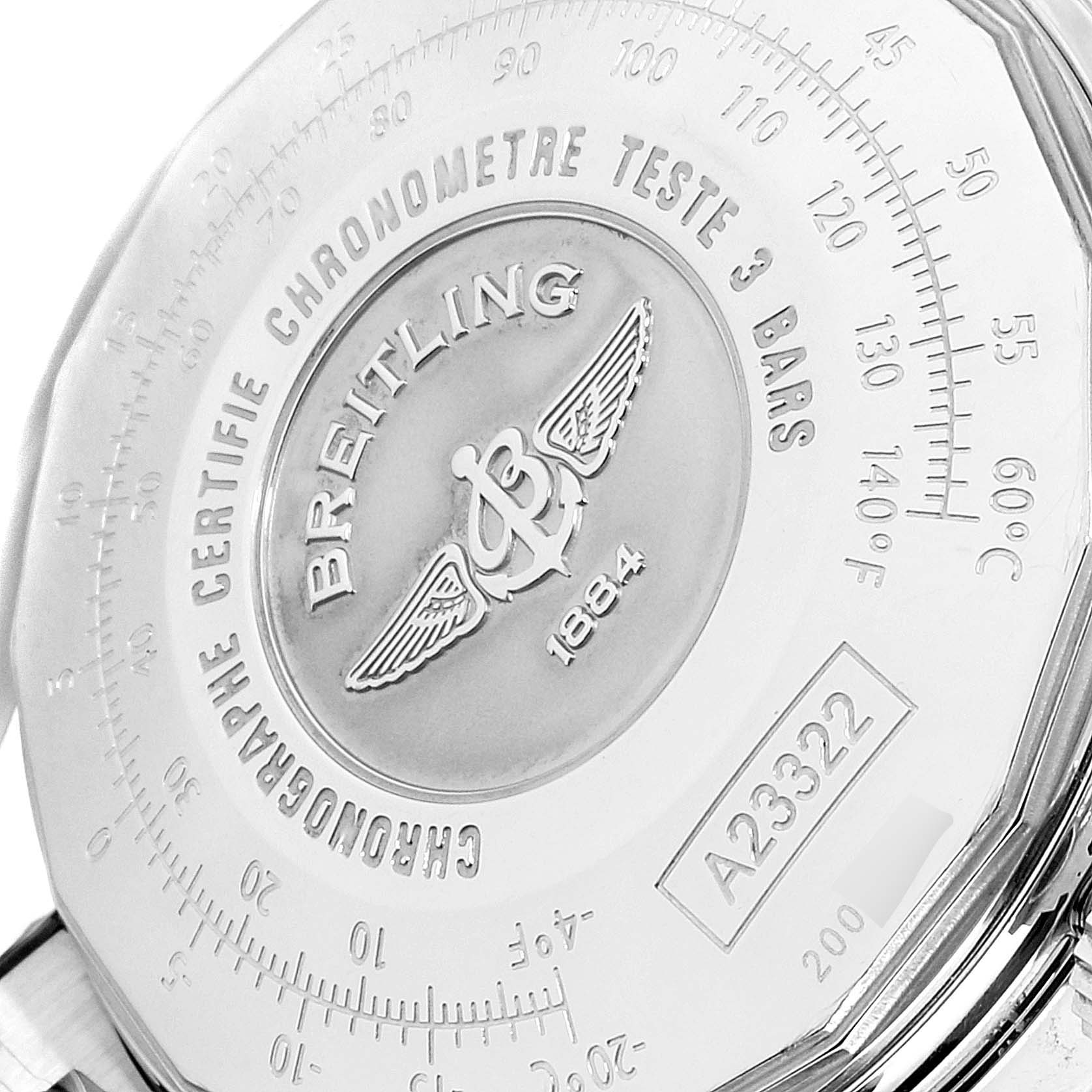 The image shows the engraved back case of a Breitling Navitimer A23322 Men's Stainless Steel Black Dial A23322 Men's Stainless Steel Black Dial watch at an angle.