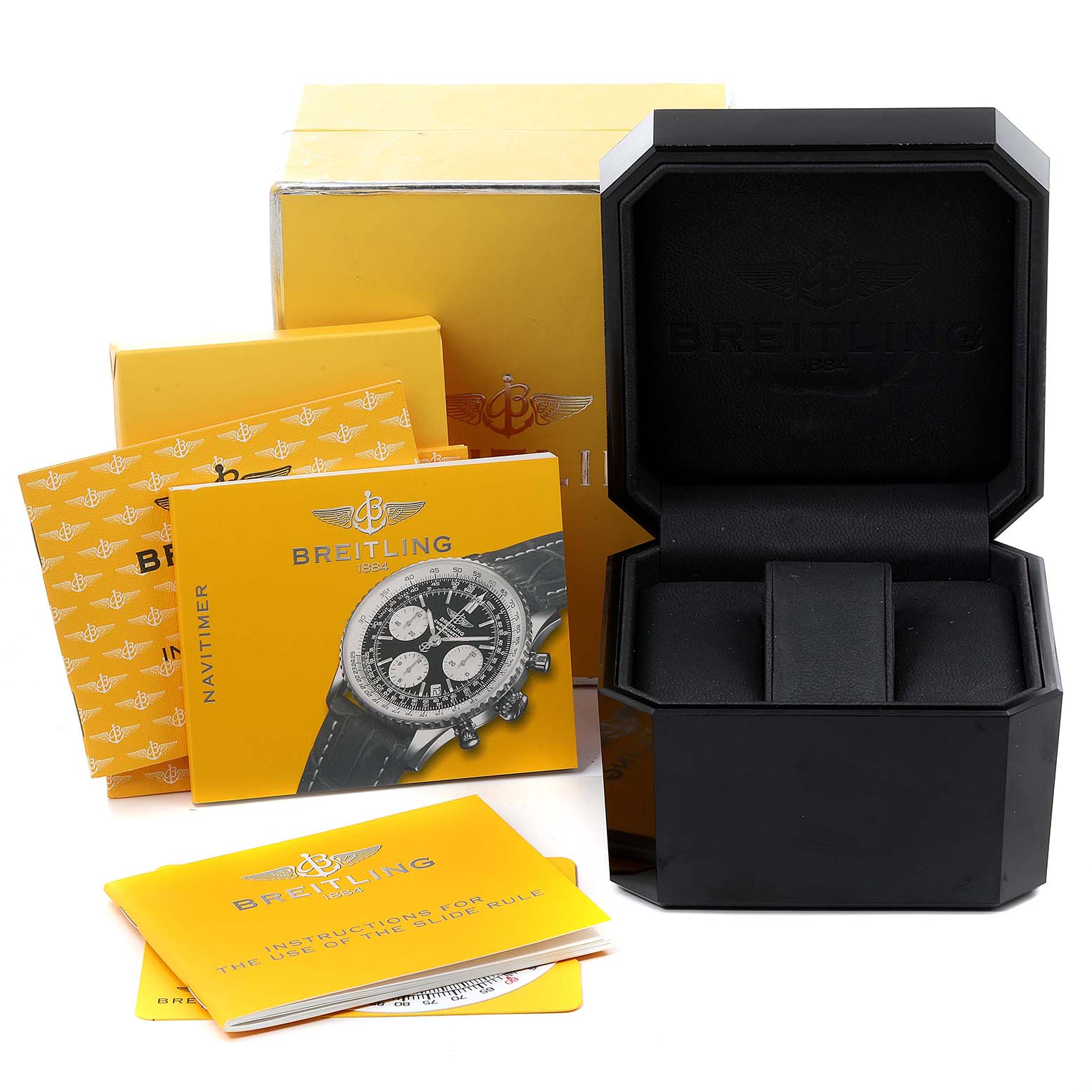The image shows a Breitling Navitimer A23322 Men's Stainless Steel Black Dial A23322 Men's Stainless Steel Black Dial watch box, instruction booklets, and packaging from a front angle.
