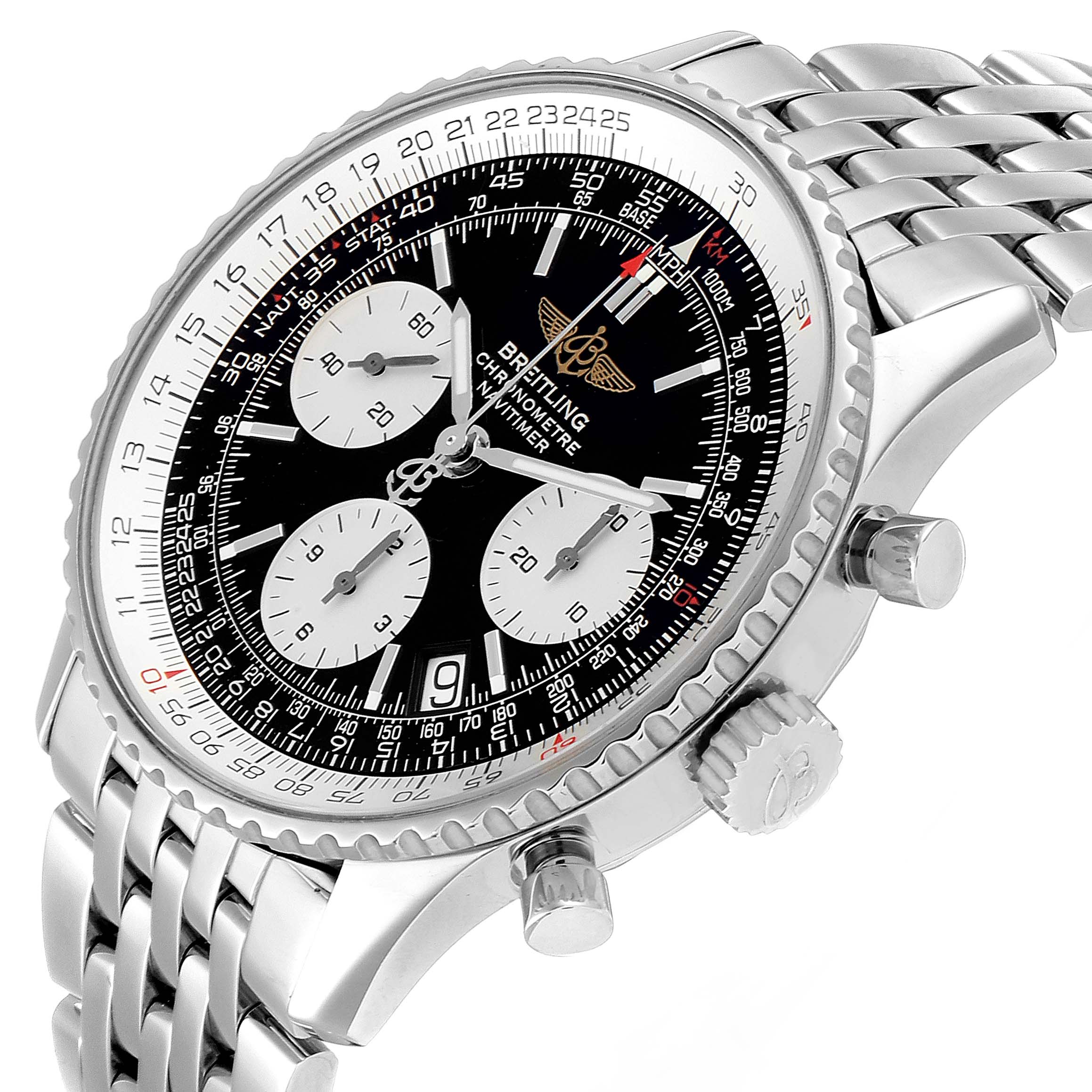 The image shows a close-up angle of a Breitling Navitimer A23322 Men's Stainless Steel Black Dial A23322 Men's Stainless Steel Black Dial watch displaying its dial, bezel, crown, and part of the bracelet.