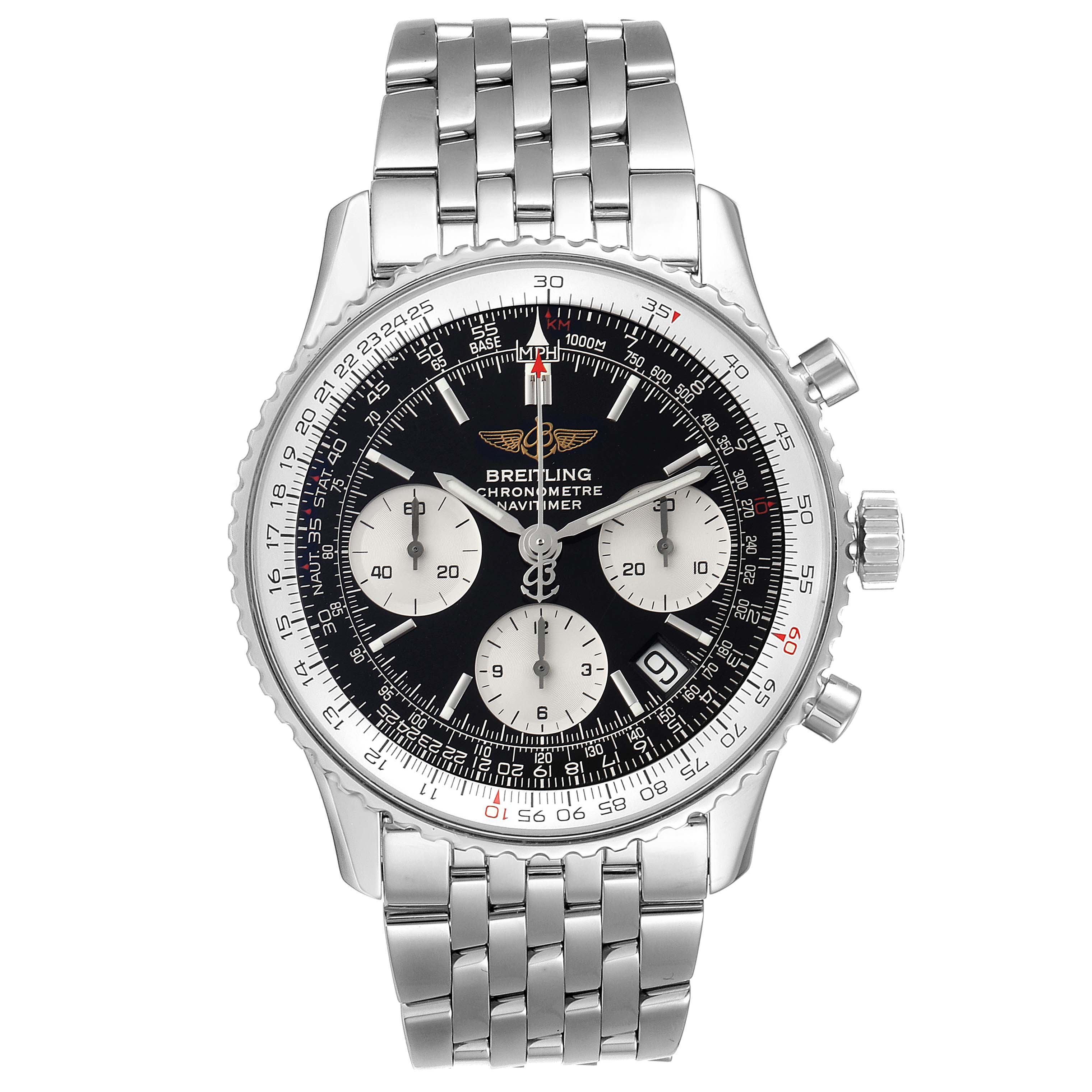 The Breitling Navitimer A23322 Men's Stainless Steel Black Dial A23322 Men's Stainless Steel Black Dial watch is shown at a front angle, displaying its face, bezel, dials, and metal bracelet.