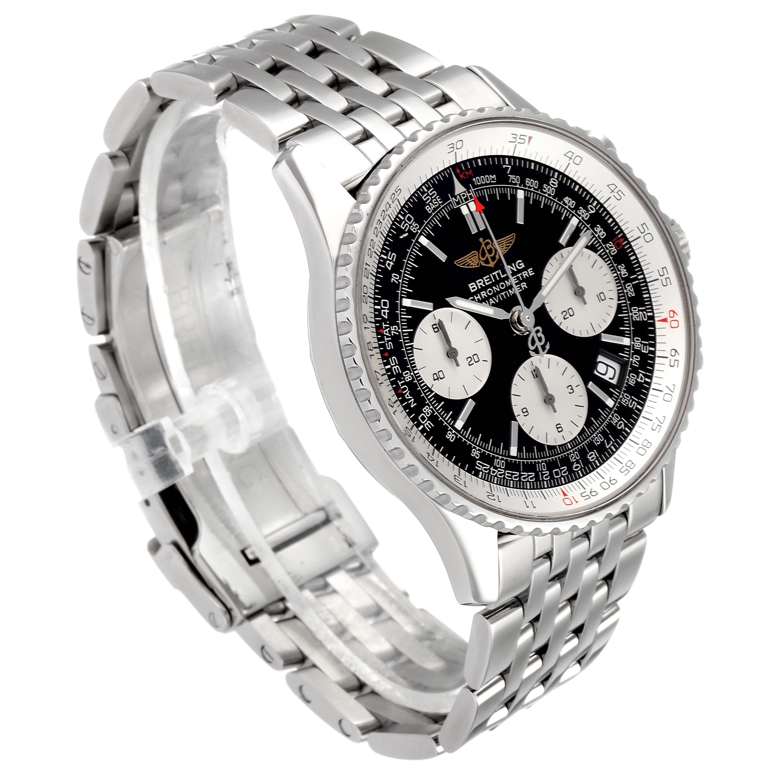 This image shows a Breitling Navitimer A23322 Men's Stainless Steel Black Dial A23322 Men's Stainless Steel Black Dial watch at a three-quarter angle, highlighting its face, bezel, and metal bracelet.