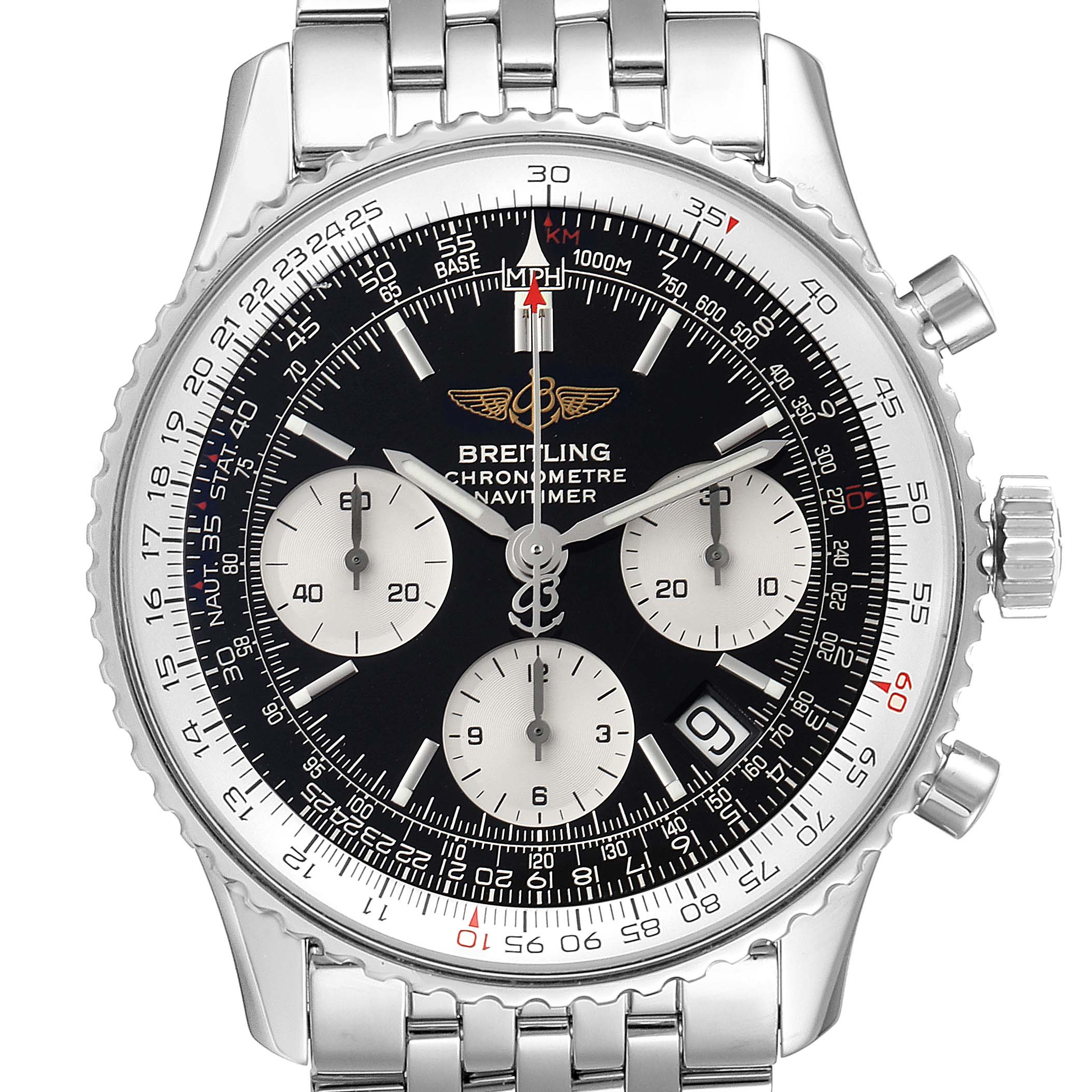 The image shows a front view of a Breitling Navitimer A23322 Men's Stainless Steel Black Dial A23322 Men's Stainless Steel Black Dial watch, displaying its face, bezel, and bracelet.