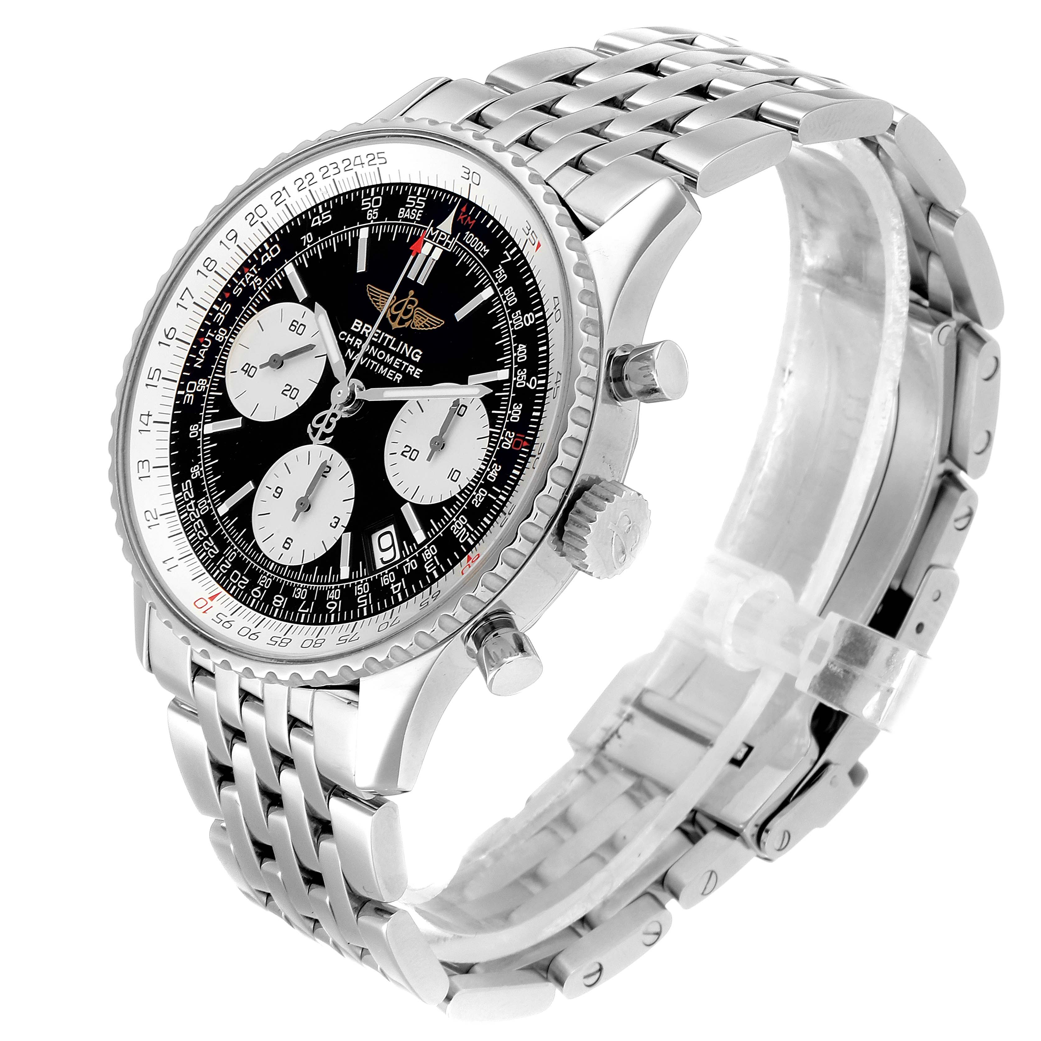 The image shows a Breitling Navitimer A23322 Men's Stainless Steel Black Dial A23322 Men's Stainless Steel Black Dial watch at an angle highlighting its face, bezel, crown, and stainless steel bracelet.