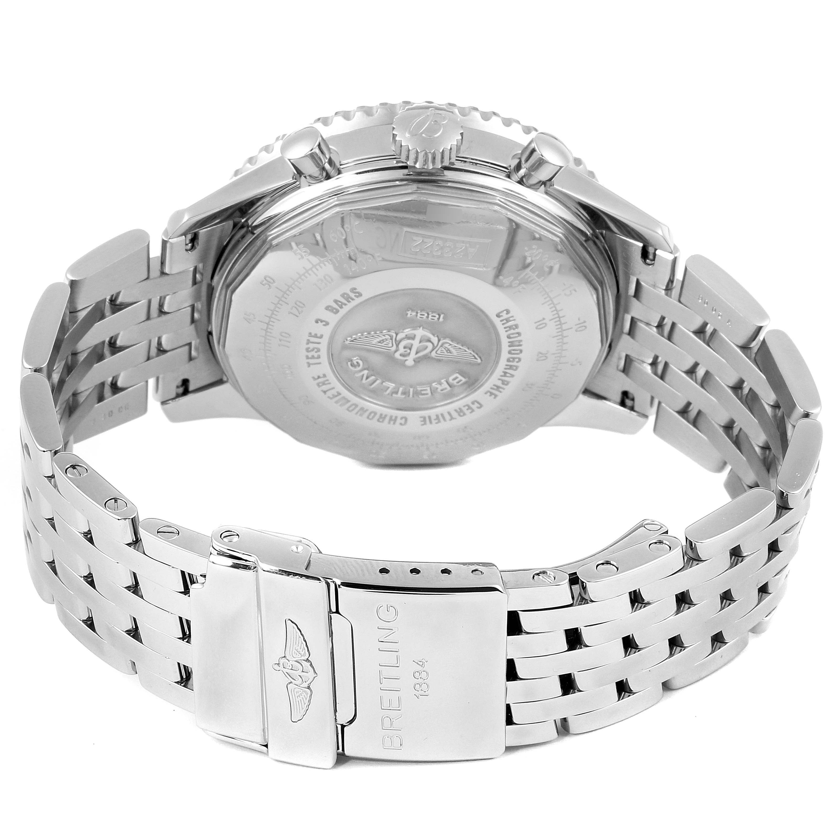 The image shows the back view of a Breitling Navitimer A23322 Men's Stainless Steel Black Dial A23322 Men's Stainless Steel Black Dial watch with a metal bracelet and a clasp displaying the brand’s logo.