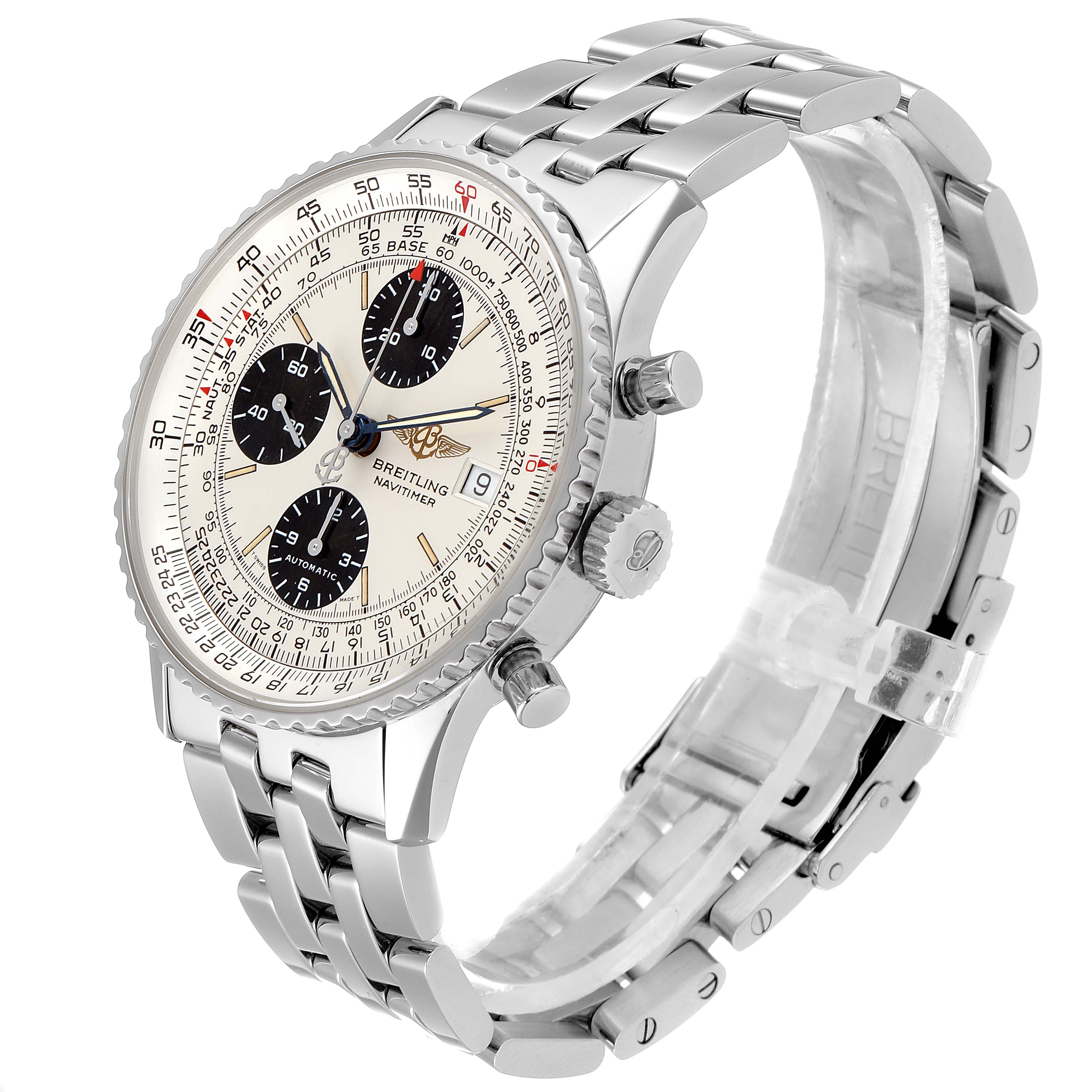 The image shows a side-angle view of a Breitling Navitimer A13022 Men
s Stainless Steel Silver Dial A13022 Men
s Stainless Steel Silver Dial watch, highlighting the dial, bezel, crown, pushers, and bracelet.