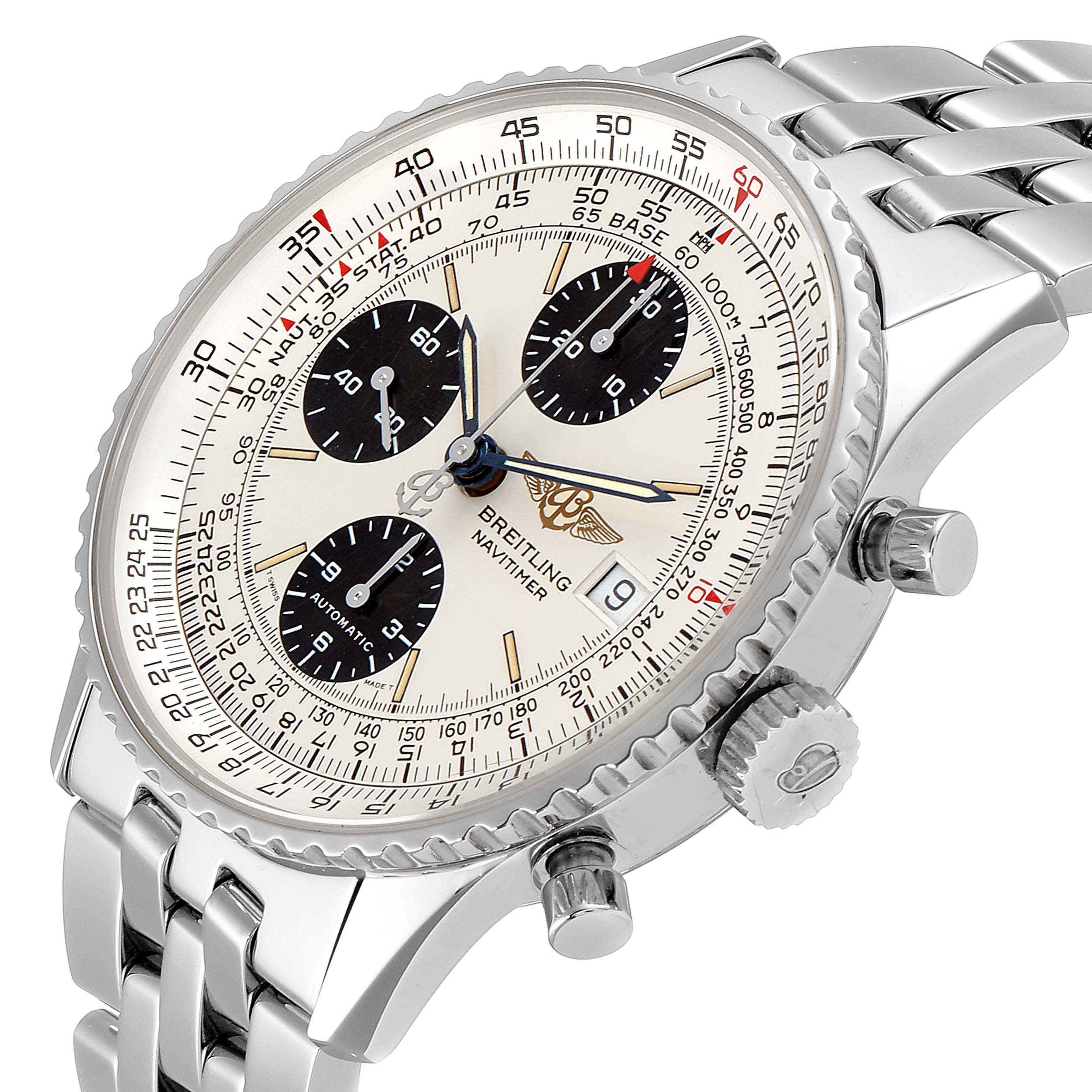This Breitling Navitimer A13022 Men
s Stainless Steel Silver Dial A13022 Men
s Stainless Steel Silver Dial watch is shown at an oblique angle, highlighting the dial, bezel, subdials, crown, and part of the bracelet.