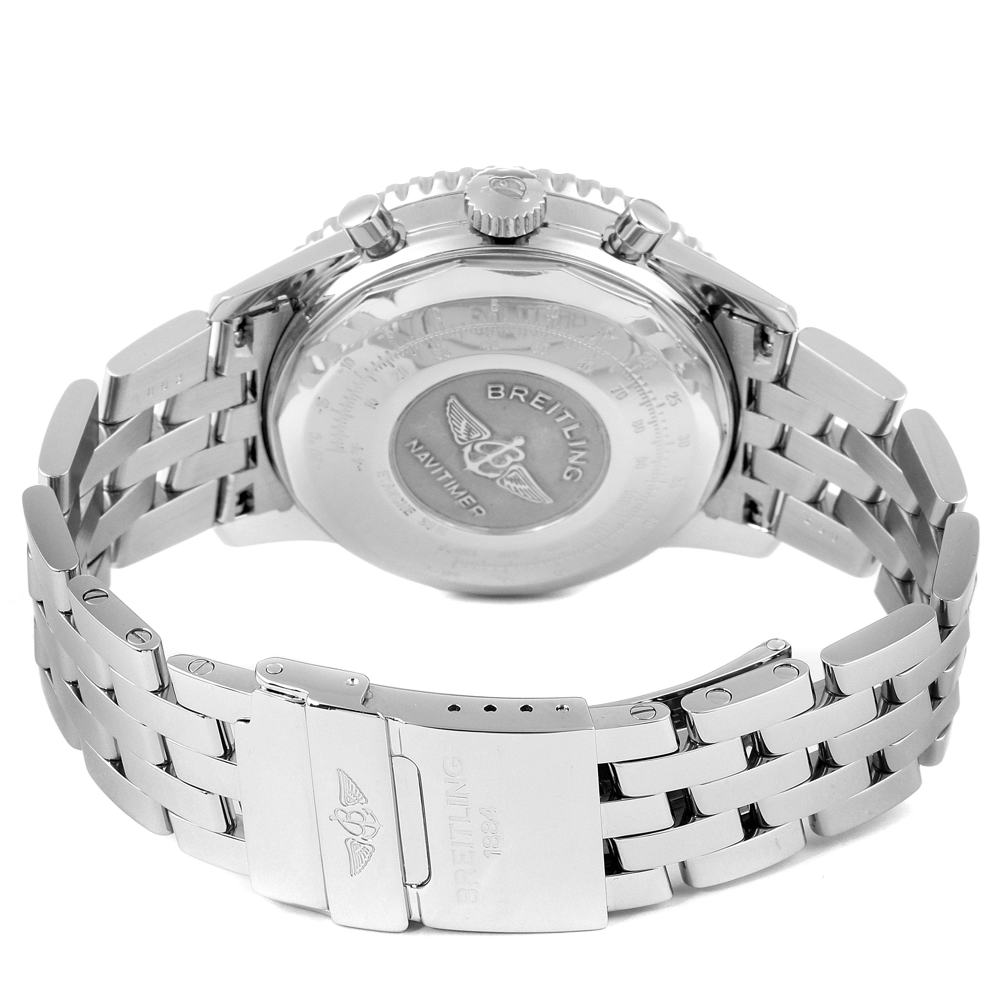 The image shows the back and bracelet of a Breitling Navitimer A13022 Men
s Stainless Steel Silver Dial A13022 Men
s Stainless Steel Silver Dial watch from a rear angle.