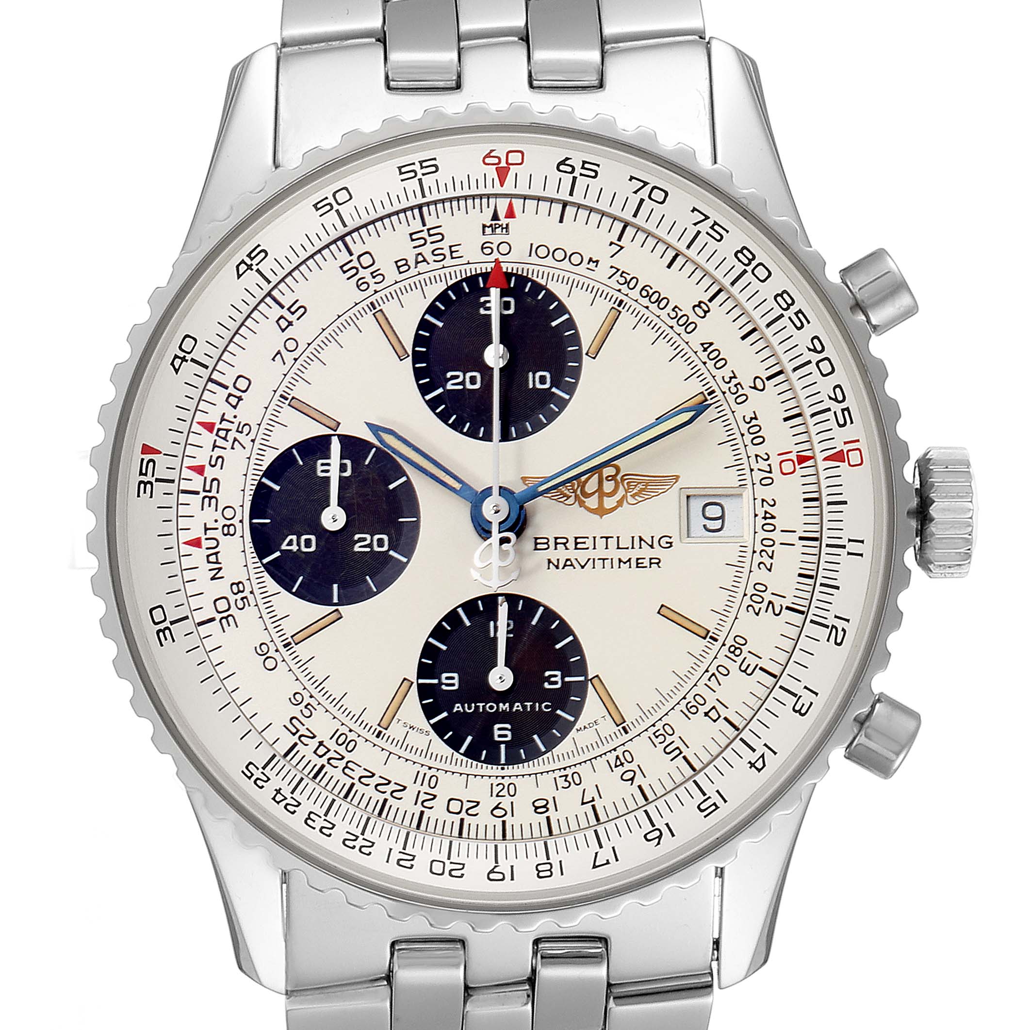 The image shows a front view of the Breitling Navitimer A13022 Men
s Stainless Steel Silver Dial A13022 Men
s Stainless Steel Silver Dial watch, highlighting its dial, subdials, bezel, and bracelet.