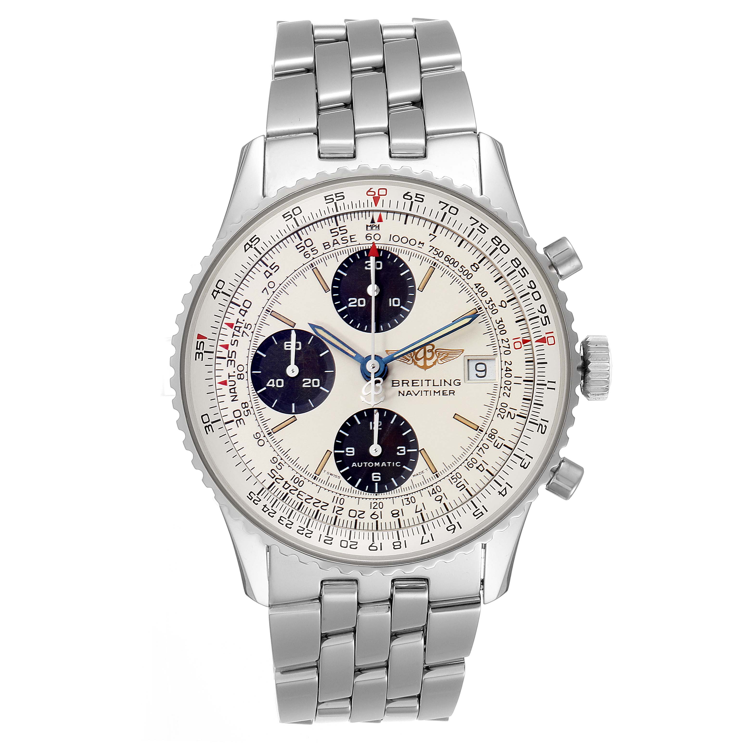 The image shows a front view of a Breitling Navitimer A13022 Men
s Stainless Steel Silver Dial A13022 Men
s Stainless Steel Silver Dial watch, displaying its dial, bezel, chronograph subdials, and metal bracelet.