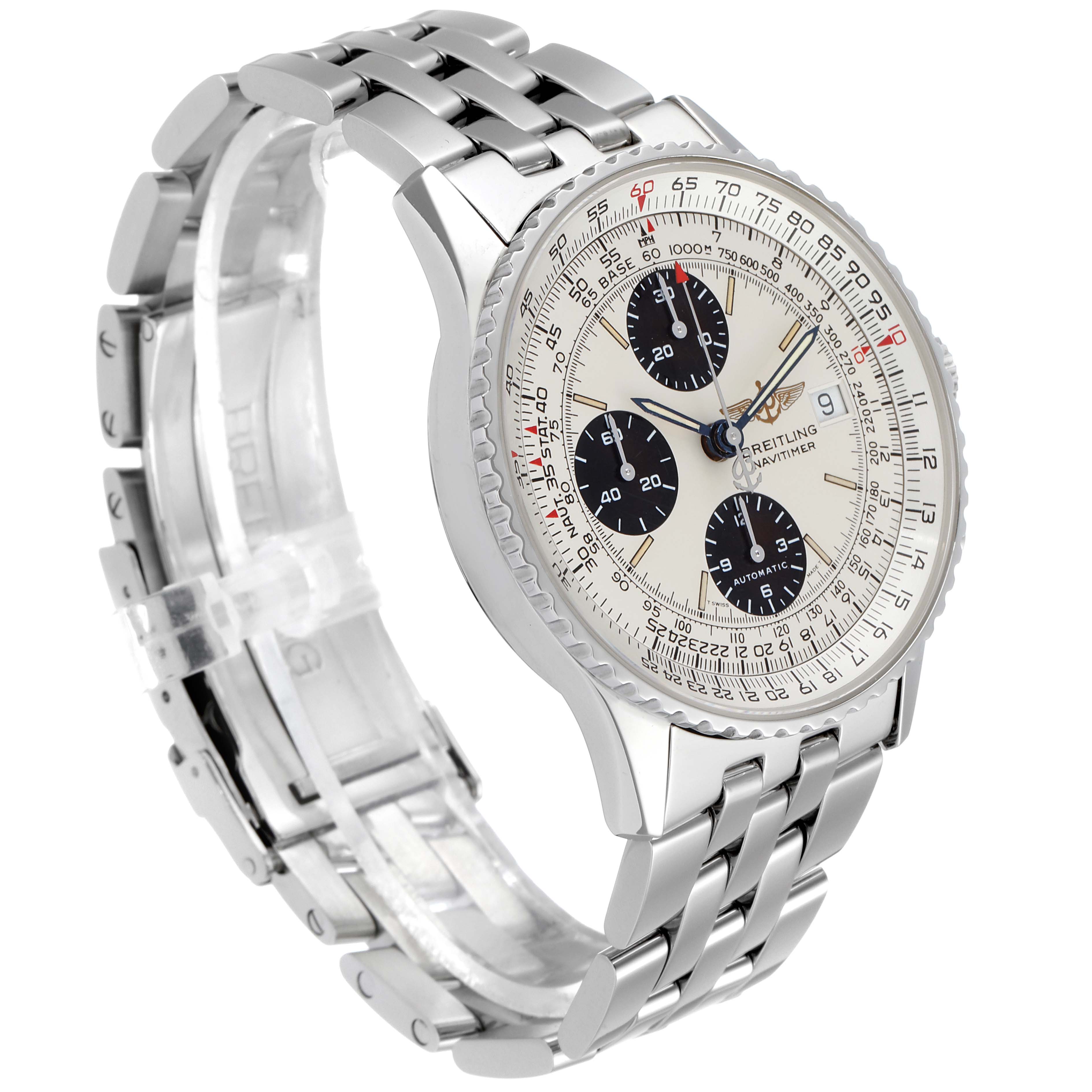 The Breitling Navitimer A13022 Men
s Stainless Steel Silver Dial A13022 Men
s Stainless Steel Silver Dial watch is shown at a three-quarter angle, displaying its face, bezel, and metal bracelet.