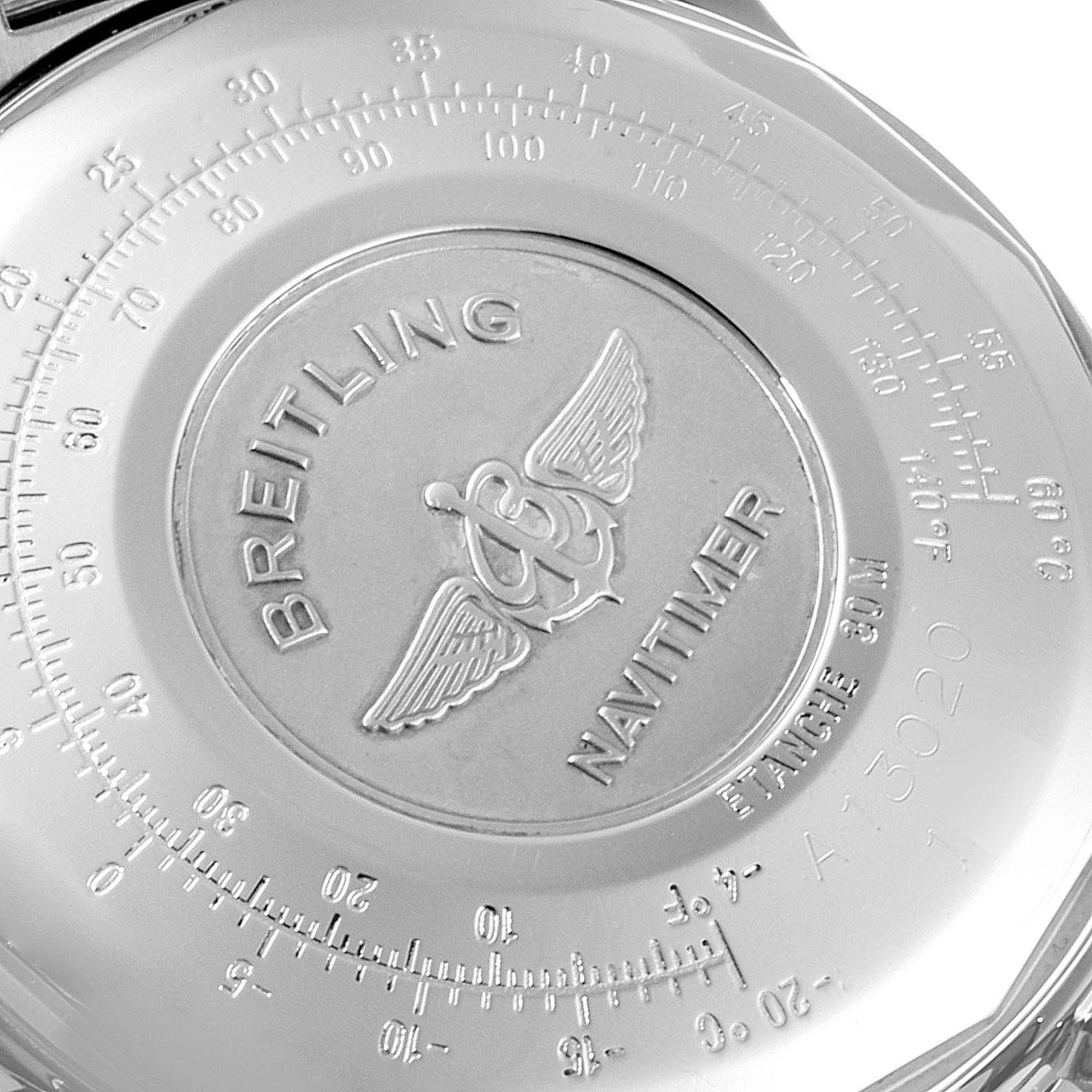 The image shows the case back of the Breitling Navitimer A13022 Men
s Stainless Steel Silver Dial A13022 Men
s Stainless Steel Silver Dial watch, featuring engravings and brand details.