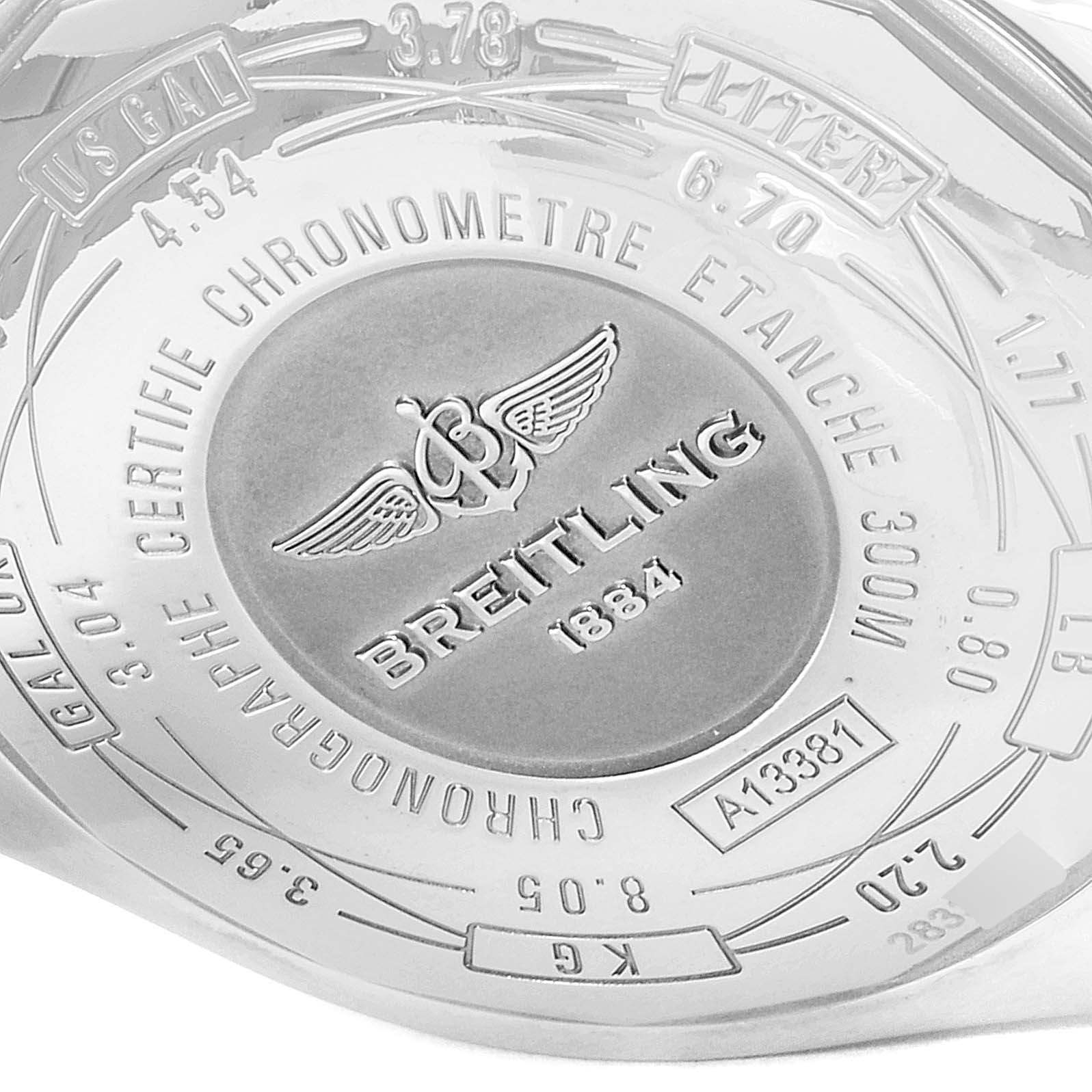 The image shows the back case of a Breitling Avenger A13381 Men's Stainless Steel Mother of Pearl Dial A13381 Men's Stainless Steel Mother of Pearl Dial watch, highlighting the brand, model number, and various engravings.